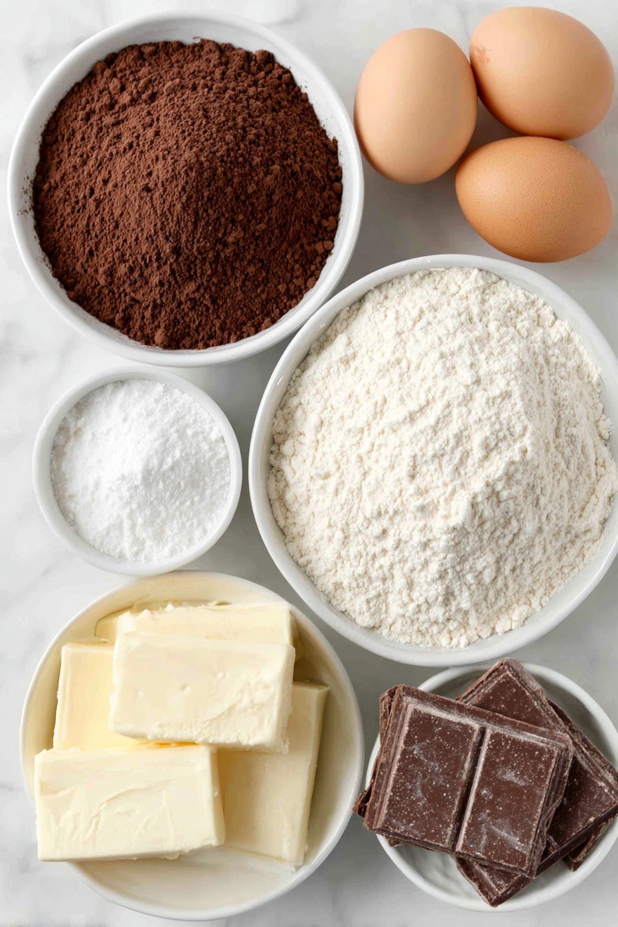 Flat lay of a small white ceramic bowl of all-purpose flour, a small white ceramic bowl of Dutch cocoa powder, a small white ceramic bowl of black cocoa powder, a small white ceramic bowl of cornstarch, a small white ceramic bowl of powdered milk, a small white ceramic bowl of granulated sugar, a small white ceramic bowl of powdered sugar, a small white ceramic bowl of salted butter, two whole uncracked large brown eggs, a small white ceramic bowl of whole milk, a small white ceramic bowl of cream cheese, a small white ceramic bowl of chocolate melting wafers, a small white ceramic bowl of pure vanilla extract, a small white ceramic bowl of vanilla bean paste, placed on a clean white marble surface, soft natural light, photo taken with an iPhone, professional food photography style, fresh ingredients, white ceramic bowls, no bottles, no duplicates, no utensils, no packaging --ar 2:3 --v 7 --p m7354615311229779997