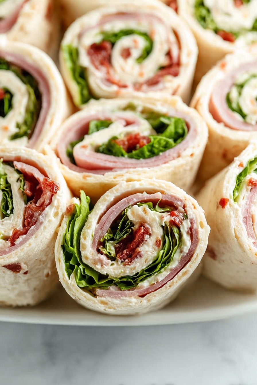 The image shows several tortilla pinwheel sandwiches on a white rectangular plate on a white marbled surface. Each pinwheel has multiple visible layers: the outer wrap is a light beige tortilla, inside there is a creamy pale orange spread with bits of red, fresh green lettuce leaves, thin slices of red or pink deli meat, and some white creamy layer between. The layers create a spiral effect, with smooth and soft textures, and bright, fresh colors. Photo taken with an iphone --ar 2:3 --v 7
