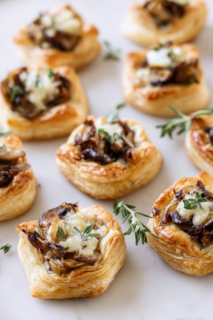 The image shows several small puff pastries arranged on a smooth white marbled surface. Each pastry has three main layers: the base is a golden-brown, flaky puff pastry that curls slightly at the edges, the middle layer is a mix of light brown, cooked mushrooms and caramelized onions that add texture and contrast, and the top layer is a light sprinkle of melted white cheese with small green herbs placed as garnish. The pastries are spread out evenly and appear crisp and fresh. Photo taken with an iphone --ar 2:3 --v 7