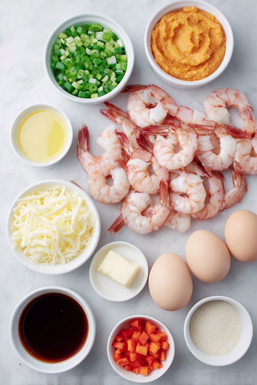 Flat lay of jumbo raw shrimp with shells off, a small white ceramic bowl of smooth orange sweet potato puree, two halves of fresh green and red bell peppers finely diced in separate small white bowls, a small mound of diced bright orange carrot, a small pile of finely diced pale yellow onion, whole uncracked brown eggs with clean shells arranged neatly, a small white bowl filled with shredded pale yellow gouda cheese, a small white bowl of melted golden butter, a small white bowl of white half and half, a small white bowl of golden chicken broth, a small white bowl of rich dark brown browning sauce, a small heap of sliced green scallions, a whole fresh scotch bonnet pepper bright orange-red and halved to show inside, and a small scattering of ground spices including deep red smoked paprika, earthy brown allspice, pale beige onion powder, and light tan garlic powder placed symmetrically on a clean white marble surface, soft natural light, photo taken with an iPhone, professional food photography style, fresh ingredients, white ceramic bowls, no bottles, no duplicates, no utensils, no packaging --ar 2:3 --v 7 --p m7354615311229779997