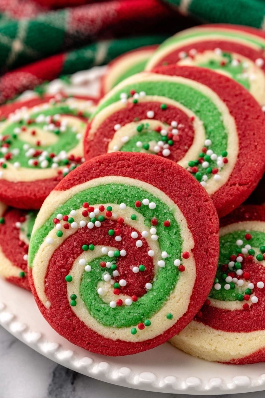 A white plate is full of round swirl cookies with three layers in red, white, and green, spiraled evenly from the center to the edge. Each cookie has the red outer edge decorated with small white, red, and green round sprinkles, giving it a festive look. The cookies have a smooth, soft texture with bright colors, contrasting sharply against the white marbled background. A green and white checkered cloth is blurred in the background, adding a cozy feel. Photo taken with an iphone --ar 2:3 --v 7