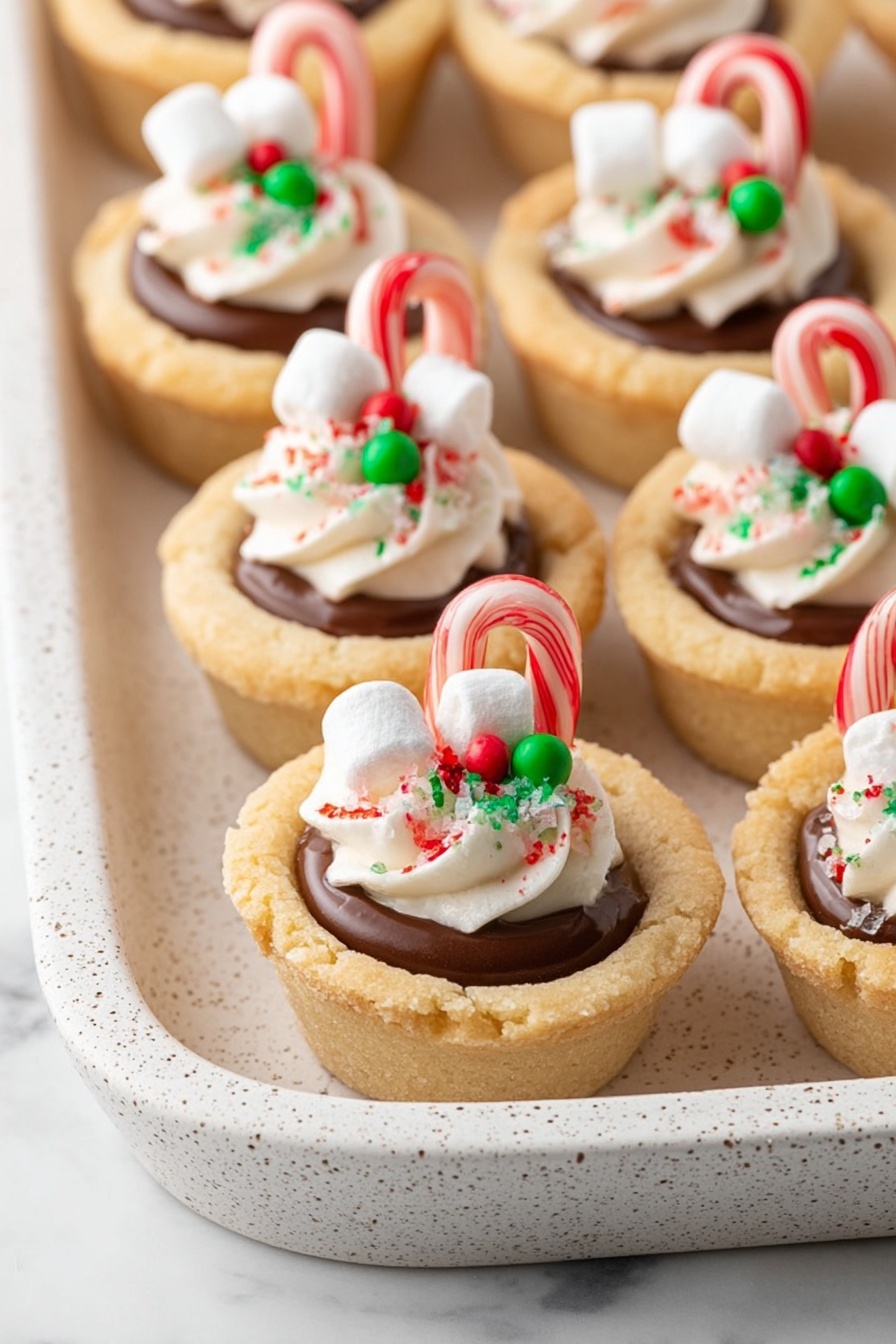 The image shows several small cup-shaped cookies arranged in rows on a white speckled tray, which rests on a white marbled surface. Each cookie cup has three layers: the bottom and sides are light golden cookie dough forming a firm shell. The middle is filled with smooth, shiny chocolate, dark brown in color. On top, there is a swirl of white cream with a soft texture, decorated with small green and red round sprinkles and a few white marshmallows. A small red and white striped candy cane is placed inside each cookie cup, leaning to one side. The setting is bright and clean, with a close-up view highlighting the texture and festive details. photo taken with an iphone --ar 2:3 --v 7