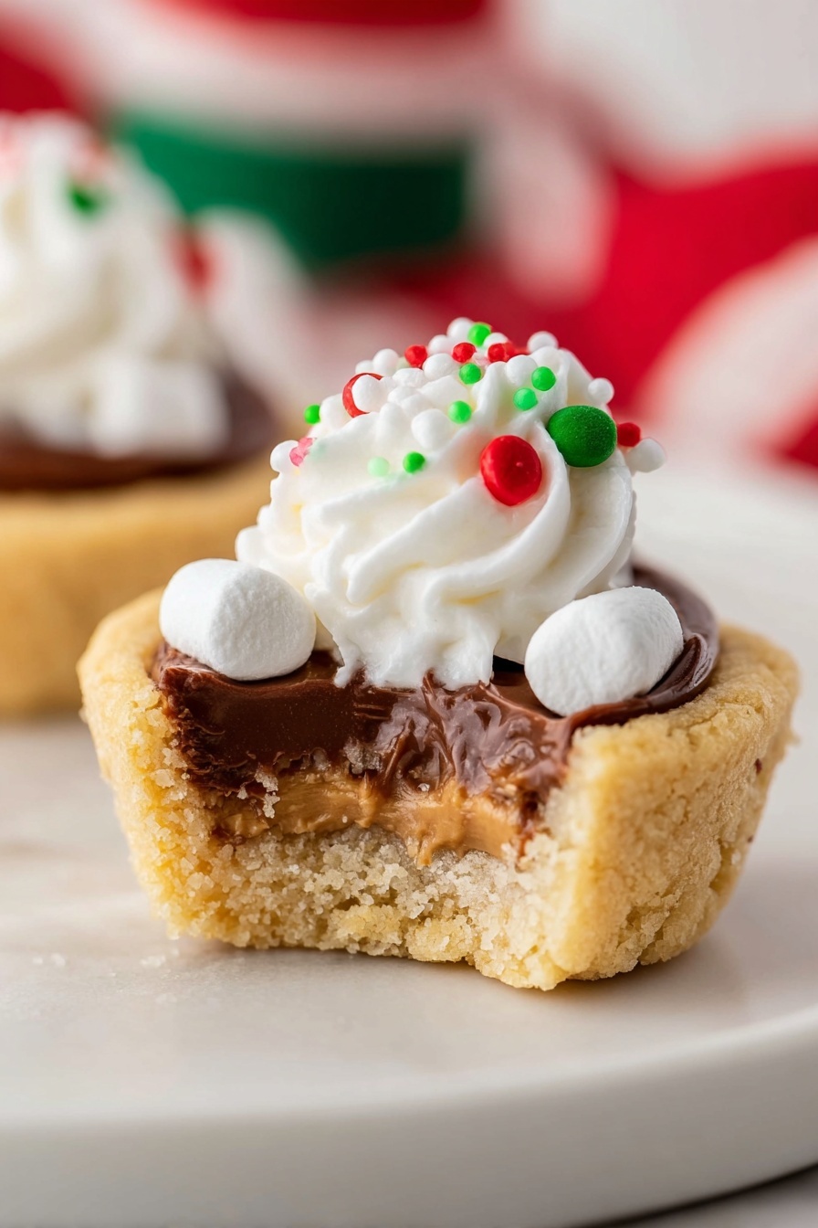 A close-up of a small round dessert with three layers. The bottom layer is light golden and crumbly, like a soft cookie base. The middle layer is a peanut butter colored filling with a smooth but slightly dense texture. The top layer is a thick chocolate spread, dark brown and creamy, topped with a small swirl of white cream. There are small white mini marshmallows and flat red and green round sprinkles on the cream. The dessert is on a white plate with a white marbled surface, with a blurred background that shows some red and green decoration. Photo taken with an iphone --ar 2:3 --v 7