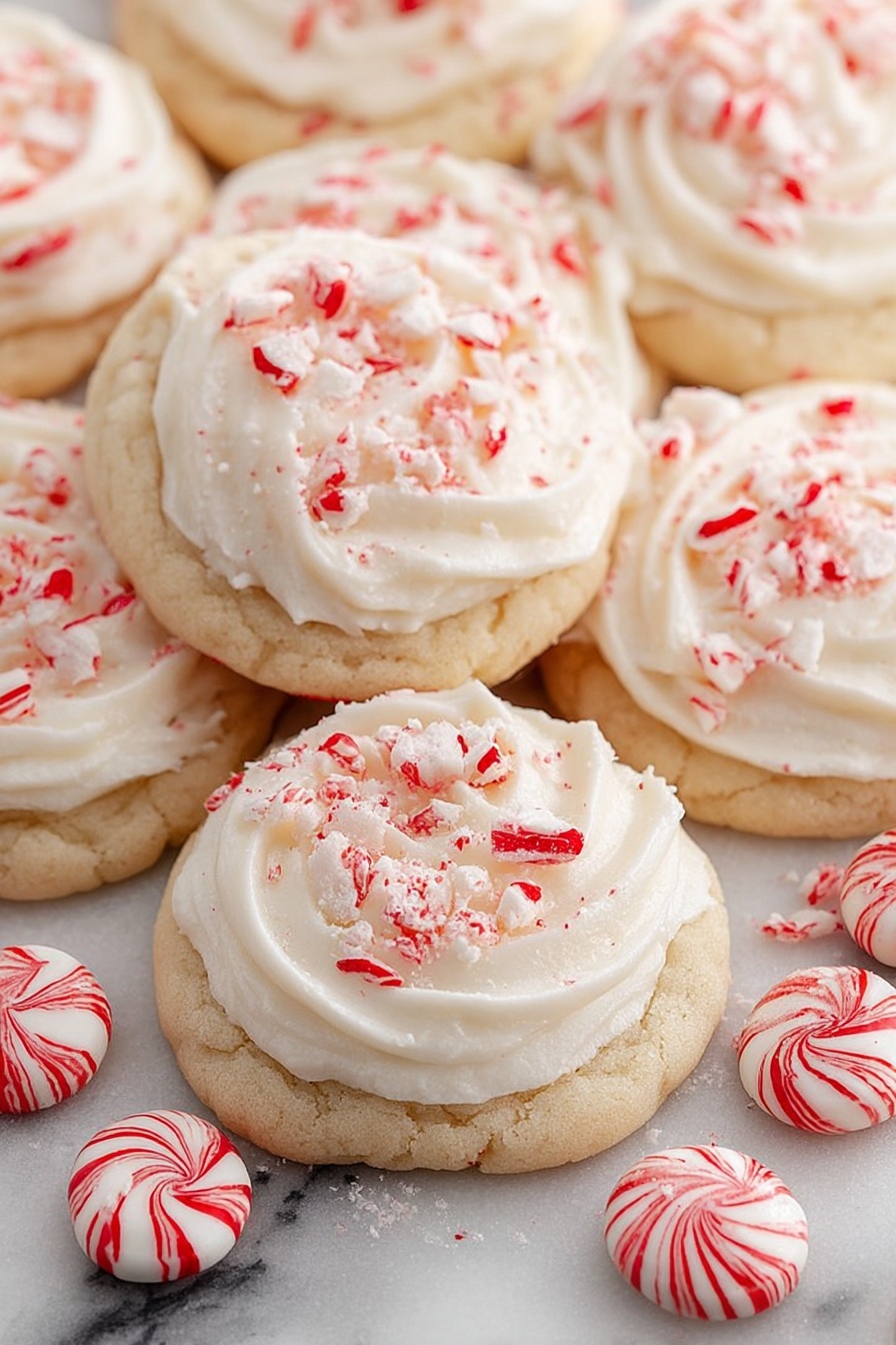 A group of round cookies with a soft, light beige base layer topped with a thick, swirled layer of white frosting. On top of the frosting are small, rough pieces of red and white striped peppermint candy sprinkled evenly. The cookies are arranged close together on a white marbled surface, creating a cozy, festive look. Several round peppermint candies with red and white swirls are placed around the cookies. photo taken with an iphone --ar 2:3 --v 7