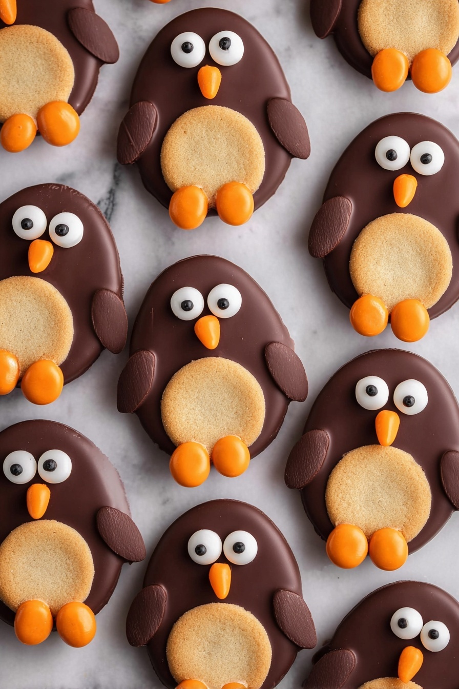 The image shows a white plate filled with small penguin-shaped chocolate treats. Each treat has a smooth dark chocolate oval base with two white round candy eyes near the top. In the center is a round beige cookie acting as the penguin's belly. Below the belly, three small orange candy pieces serve as the penguin's feet, and one orange candy piece is placed above the belly for the beak. Two small round chocolate pieces are placed on the sides for the penguin's wings. The background is a white marbled surface, with some candies and a woman's hand holding a penguin treat visible near the plate. Photo taken with an iphone --ar 2:3 --v 7