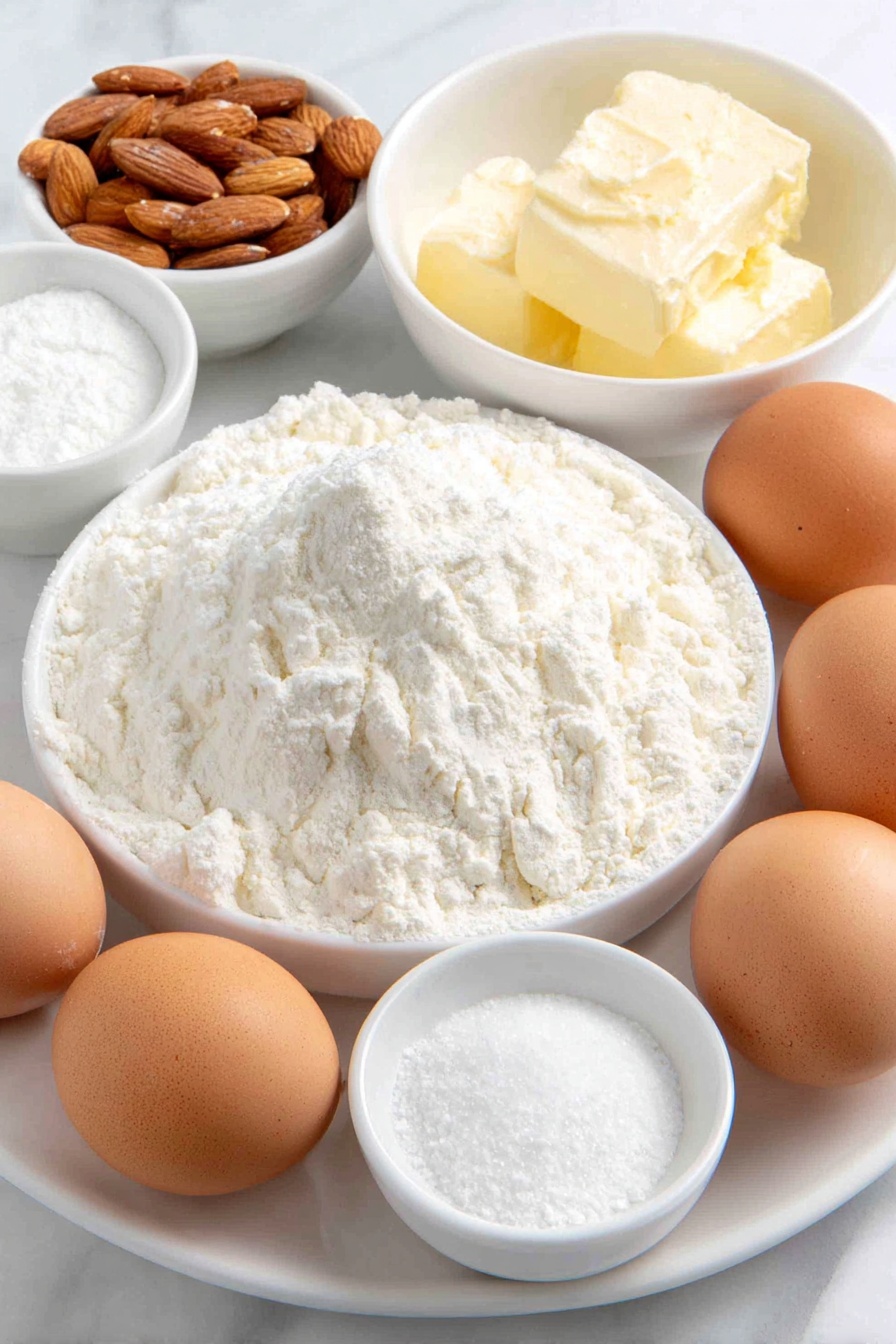 Flat lay of a small mound of all-purpose flour on a simple white ceramic plate, a small white bowl filled with toasted ground almonds, a few grains of coarse salt scattered beside a plain white ceramic bowl containing room-temperature unsalted butter, a small white bowl with powdered sugar, a small white bowl holding clear almond extract, a small white bowl with glossy seedless raspberry jam, evenly whole and uncracked brown eggs arranged neatly on the side, all ingredients fresh and natural, perfectly balanced symmetrical layout, placed on a clean white marble surface, soft natural light, photo taken with an iPhone, professional food photography style, fresh ingredients, white ceramic bowls, no bottles, no duplicates, no utensils, no packaging --ar 2:3 --v 7 --p m7354615311229779997