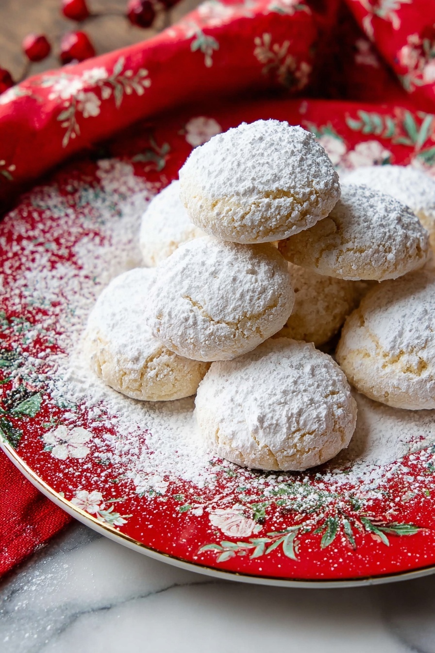 A group of round cookies with a light golden color are stacked on a shiny white plate with floral patterns. Each cookie is thick and covered with a dusting of white powdered sugar, giving them a soft, snowy look. The powdered sugar also lightly scatters around the plate edges. The plate sits on a red and white cloth with a floral design, placed on a white marbled surface that adds elegance to the scene. Photo taken with an iphone --ar 2:3 --v 7