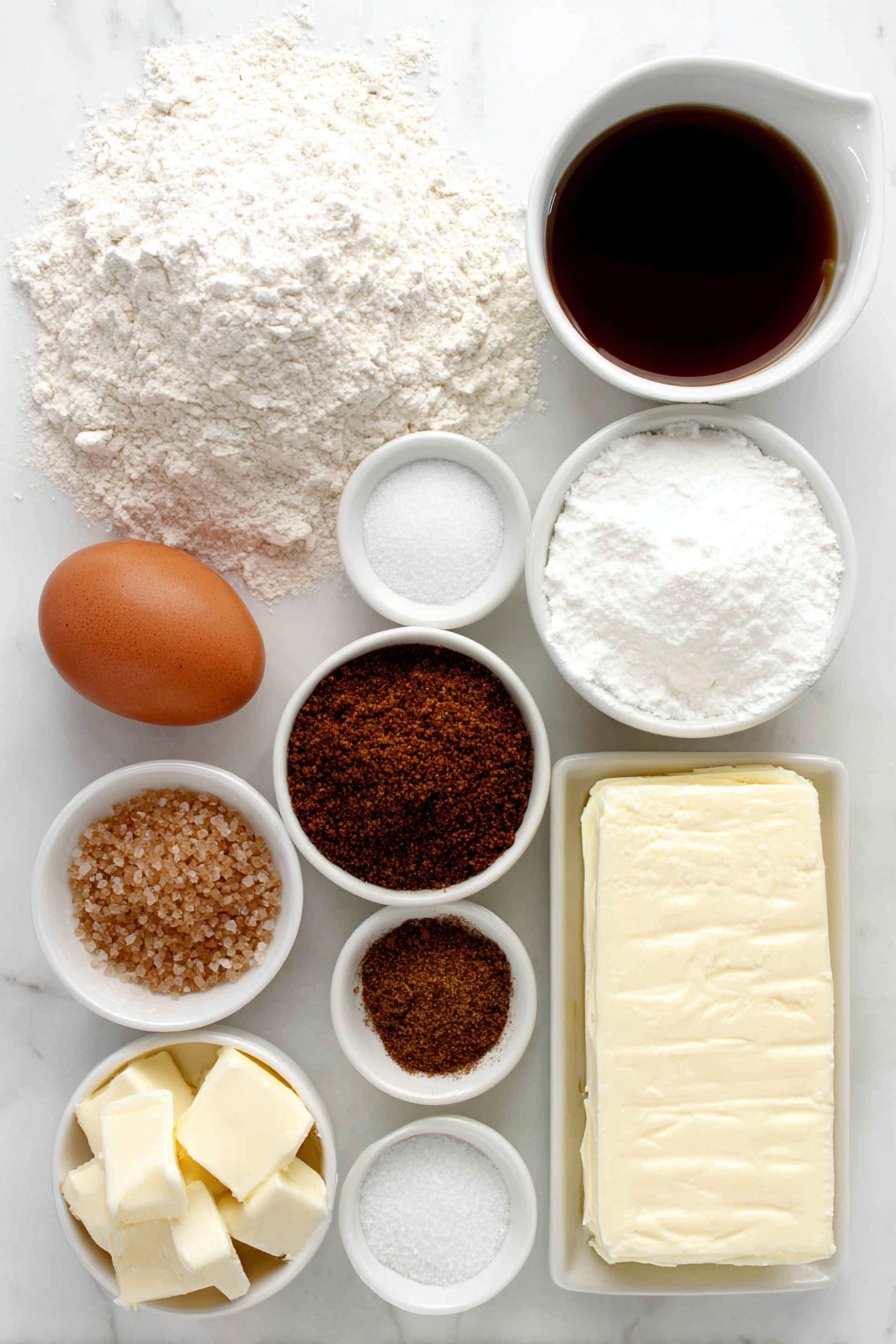 Flat lay of a small mound of all-purpose flour, a small white bowl of baking soda powder, a small white bowl containing ground ginger, a small white bowl with ground cinnamon, a small white bowl with ground allspice, a small white bowl of ground cloves, a small white bowl of ground nutmeg, a tiny pinch of ground black pepper on the surface, a small white bowl of salt, a small white bowl with melted unsalted butter, a small pile of light and dark brown sugar crystals, a small pile of granulated sugar, a small white bowl filled with dark molasses, one large whole brown egg with uncracked shell, a small white bowl of pure vanilla extract, a block of full-fat brick cream cheese at room temperature, a small white bowl of softened unsalted butter, a small white bowl of confectioners’ sugar, and a small white bowl with a spice mix of ground ginger, cinnamon, and allspice, all arranged symmetrically and neatly on a clean white marble surface, soft natural light, photo taken with an iPhone, professional food photography style, fresh ingredients, white ceramic bowls, no bottles, no duplicates, no utensils, no packaging --ar 2:3 --v 7 --p m7354615311229779997