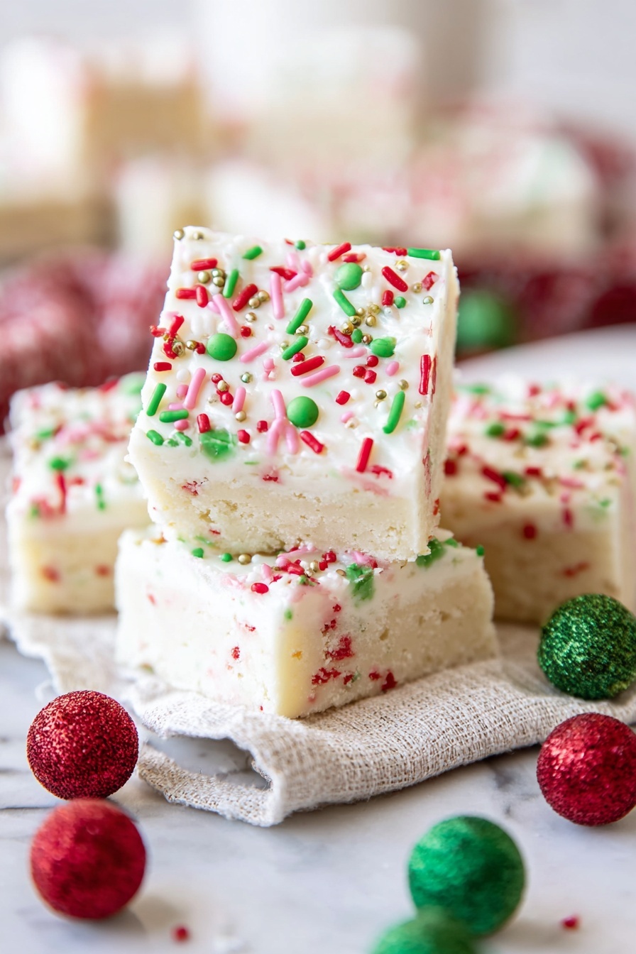 The image shows three square dessert bars stacked on top of each other on a white marbled background. Each bar has two clear layers: the bottom layer is a light beige dough with green and red sprinkles mixed inside, and the top layer is creamy white frosting decorated with red, green, and white sprinkles evenly spread on top. The top dessert bar has a small bite taken out of the corner, showing the thickness of both layers. Some leftover sprinkles are scattered around the base of the stack on a textured white cloth. Blurred holiday decorations are visible in the background. Photo taken with an iphone --ar 2:3 --v 7