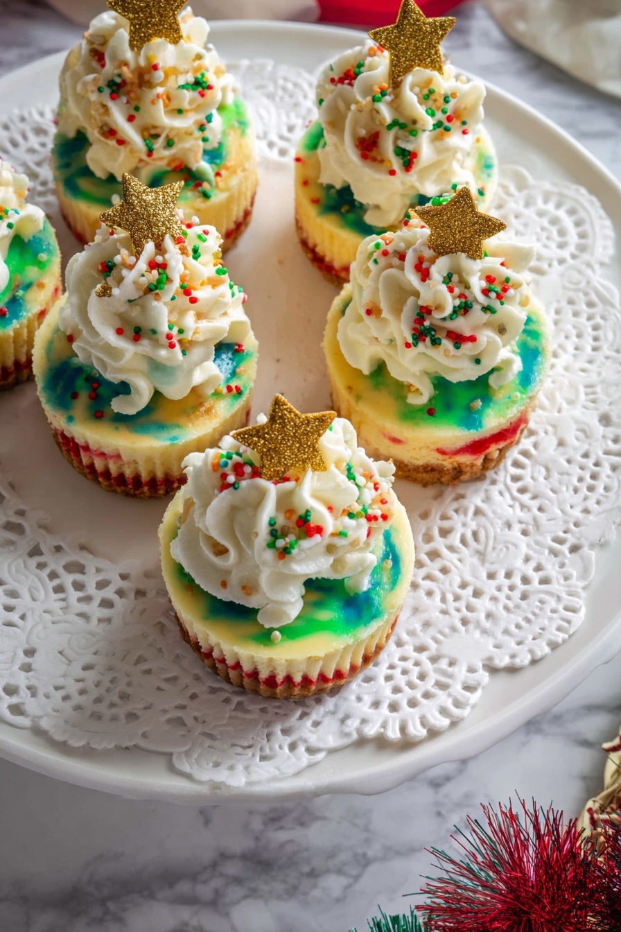 The image shows five colorful cupcakes arranged on a round white plate with an intricate white doily underneath. Each cupcake has three visible layers: the bottom layer is yellow, the middle layer has a mix of green and blue swirls, and the top layer is a thin red edge. On top of each cupcake is a generous swirl of white whipped cream with red, green, and gold sprinkles scattered all over. One cupcake has a round green candy placed in the center of the whipped cream. The plate is set on a white marbled surface with a blurred festive decoration visible at the bottom right corner. photo taken with an iphone --ar 2:3 --v 7