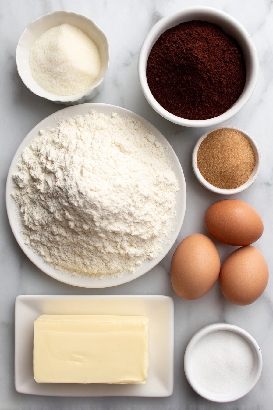 Flat lay of a small mound of all-purpose flour on a white ceramic plate, a small white bowl with fine sea salt, tiny heap of baking soda powder beside it, a small white bowl filled with gingerbread spice powder, a block of unsalted butter with creamy texture, a small white bowl containing packed brown sugar, a small white bowl holding dark, glossy unsulphured molasses, two whole large eggs with clean, uncracked shells, a small white bowl of golden vanilla extract, a small bowl with light brown sugar, a small white bowl with granulated sugar, and a small white bowl with cream of tartar, all arranged symmetrically and balanced on a clean white marble surface, soft natural light, photo taken with an iPhone, professional food photography style, fresh ingredients, white ceramic bowls, no bottles, no duplicates, no utensils, no packaging --ar 2:3 --v 7 --p m7354615311229779997