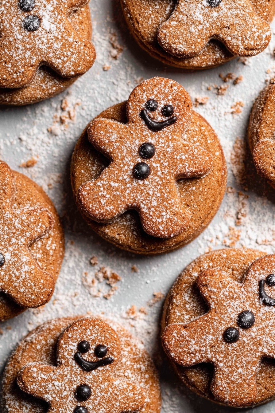 The image shows several round cookies with a slightly rough texture and a warm brown color. Each round cookie has a smaller gingerbread man-shaped cookie on top, decorated with three small dark chocolate or candy dots forming buttons. Both the round and gingerbread cookies are dusted lightly with powdered sugar, adding a soft white contrast. The cookies are placed closely together on a white marbled textured surface with some crumbs scattered around them. Photo taken with an iphone --ar 2:3 --v 7