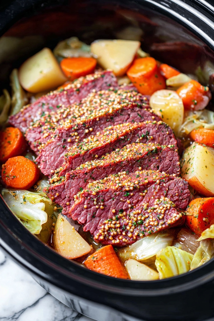 A slow cooker filled with a layer of cooked vegetables including light brown quartered potatoes, orange baby carrots, and translucent cooked cabbage. On top, there is a thick layer of sliced medium-rare roast beef, showing a dark brown crust sprinkled with coarse mustard seeds and cracked black pepper, and a pinkish-red interior. The vegetables surround the beef, adding color and texture contrast. The slow cooker is set on a white marbled surface. photo taken with an iphone --ar 2:3 --v 7