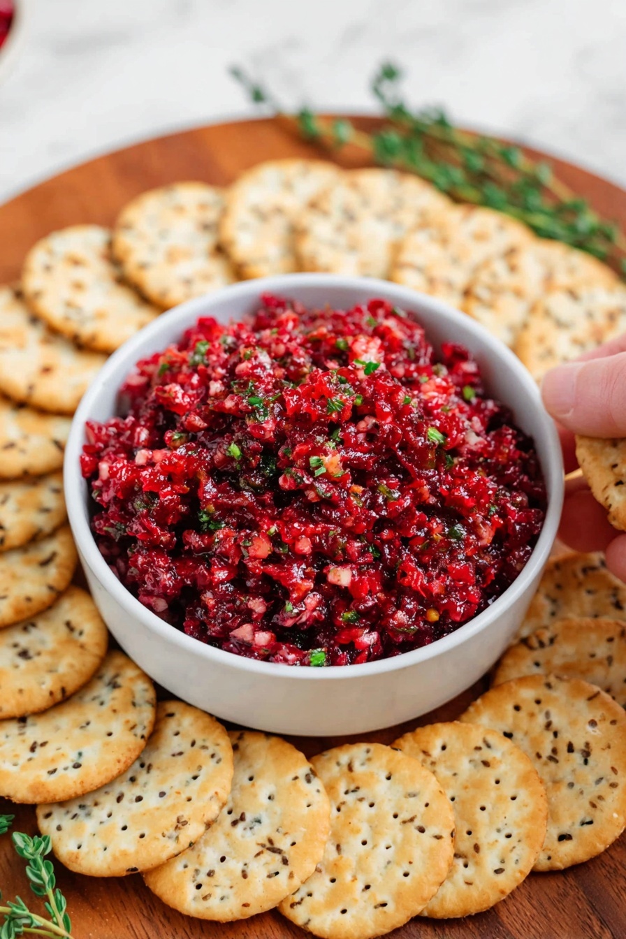 A white bowl filled with finely chopped, bright red cranberry sauce mixed with small green herb pieces, giving it a textured and fresh look, sits in the center of a round wooden board. Around the bowl, there is one layer of light brown round crackers with small holes, some plain and some speckled with seeds, arranged to form a ring. Sprigs of fresh green herbs peek out beneath the crackers, adding contrast. A gold spoon with a smooth handle is partly inside the bowl, resting on the edge. The background is a clean white marbled texture. photo taken with an iphone --ar 2:3 --v 7