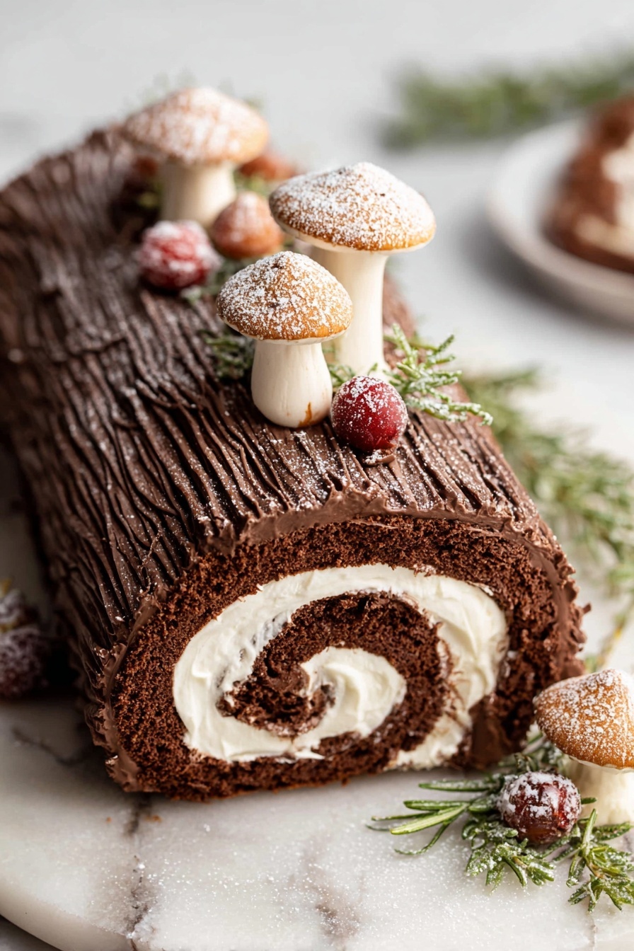 This image shows a chocolate log cake with a swirl of white cream inside. The cake is covered with a textured layer of dark chocolate frosting that looks like bark, with detailed grooves and lines for a wood effect. On top of the cake are small mushroom-shaped decorations that have white stems and light brown caps with a dusting of cocoa powder. Around the mushrooms are small red berries covered with sugar, along with green rosemary sprigs for decoration. The cake sits on a white marbled surface, and the full scene looks warm and festive. photo taken with an iphone --ar 2:3 --v 7