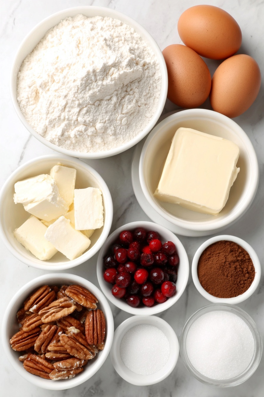Flat lay of a small mound of all-purpose flour, a teaspoon of baking powder and a quarter teaspoon each of baking soda and salt neatly placed in small white ceramic bowls, a half cup of softened unsalted butter in a white bowl, three quarters cup of granulated sugar in another white bowl, two whole uncracked brown eggs, a small white bowl with sour cream, a small white bowl with a pale orange liquid (orange juice), a small white bowl filled with fresh bright red cranberries, a small white bowl with roughly chopped pecans, another small white bowl holding packed dark brown sugar, a small white bowl containing ground cinnamon, small cubes of cold unsalted butter arranged next to a small bowl of roughly chopped pecans, and a small white bowl with fine white confectioners' sugar – all placed on a clean white marble surface, soft natural light, photo taken with an iPhone, professional food photography style, fresh ingredients, white ceramic bowls, no bottles, no duplicates, no utensils, no packaging --ar 2:3 --v 7 --p m7354615311229779997