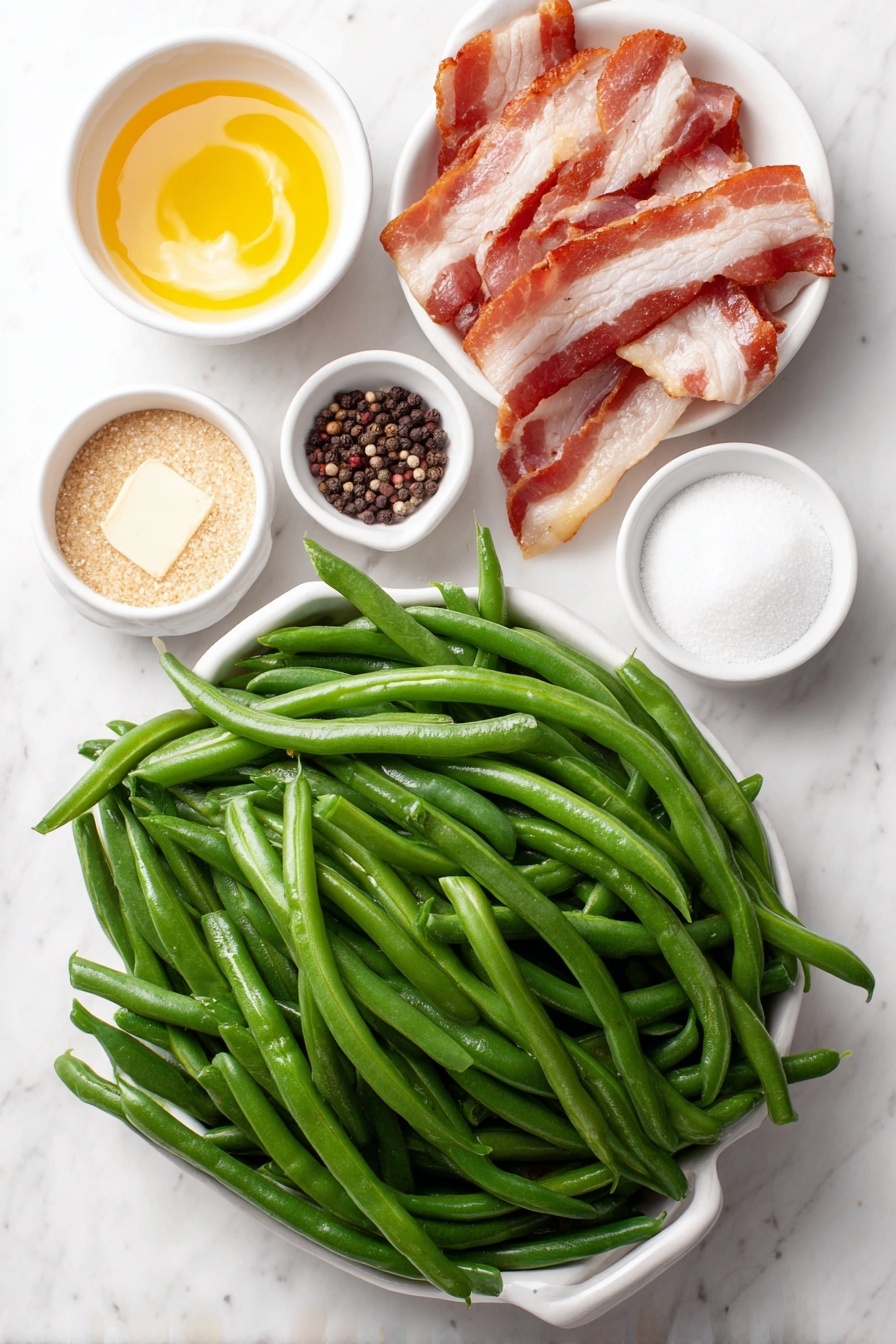 Flat lay of fresh bright green beans with trimmed ends, six raw thin-cut bacon slices with marbled pink and white fat, a small white ceramic bowl of golden melted butter, a small white bowl filled with light brown granulated brown sugar substitute, a small white bowl of fine off-white garlic powder, a small white bowl containing coarse white salt crystals, and a small white bowl of whole black peppercorns, all perfectly arranged in balanced symmetry on a clean white marble surface, soft natural light, photo taken with an iPhone, professional food photography style, fresh ingredients, white ceramic bowls, no bottles, no duplicates, no utensils, no packaging --ar 2:3 --v 7 --p m7354615311229779997