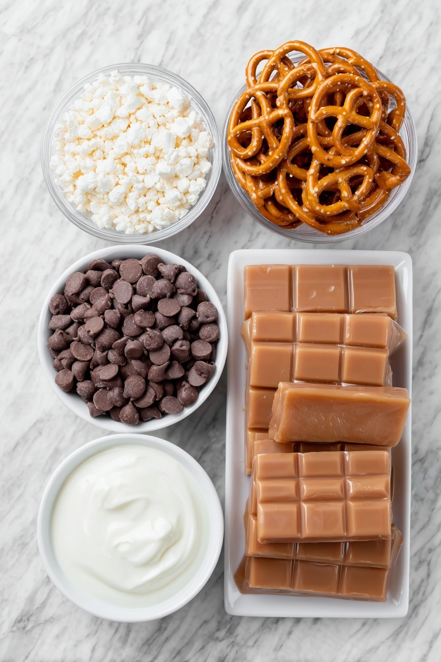 Flat lay of a small pile of smooth milk chocolate chips, a neat stack of golden crunchy pretzels, several unwrapped soft caramel squares, and a small white ceramic bowl filled with creamy heavy cream, all arranged in perfect symmetry on a clean white ceramic plate and bowls, placed on a clean white marble surface, soft natural light, photo taken with an iPhone, professional food photography style, fresh ingredients, white ceramic bowls, no bottles, no duplicates, no utensils, no packaging --ar 2:3 --v 7 --p m7354615311229779997