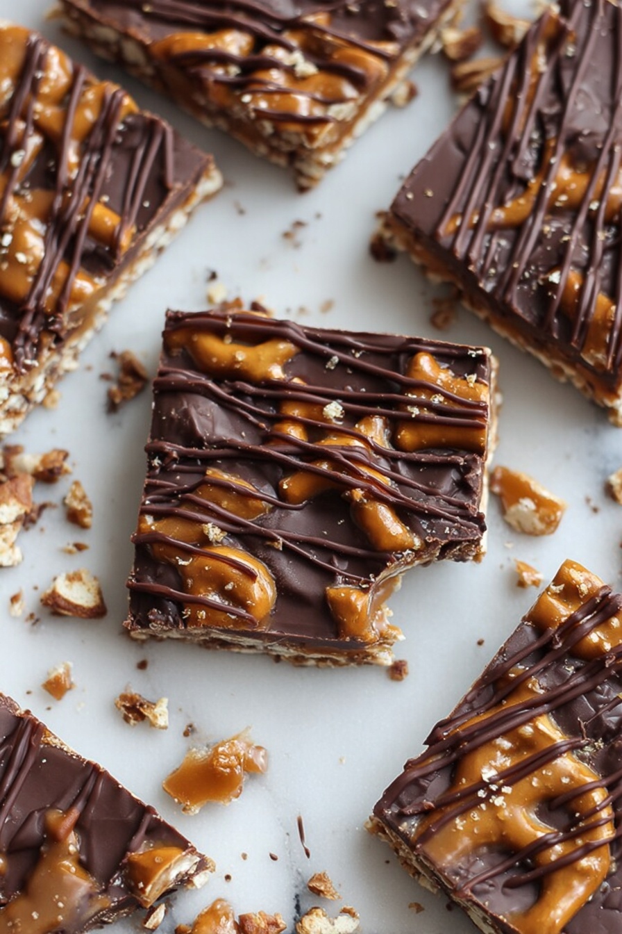 The image shows a stack of square treats on a white marbled surface. Each treat has three visible layers: a base layer of dark chocolate with small bits mixed in, a middle layer of golden caramel with visible pieces of pretzel inside, and a top layer of dark chocolate drizzled in a crisscross pattern. The caramel looks smooth and shiny, and some broken pieces with crumbs are scattered around the stack. The photo taken with an iphone --ar 2:3 --v 7