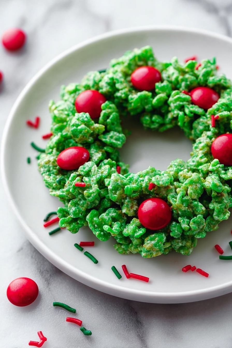 The image shows a wreath-shaped treat made of bright green clusters that look like crispy cereal coated with a shiny candy layer, forming one thick ring with a rough texture. On top of the green ring are small, smooth, shiny red candy pieces placed in groups of three at different spots. Around the wreath on the white plate are small, thin red and green sprinkles scattered randomly. The plate is set on a white marbled surface. Photo taken with an iphone --ar 2:3 --v 7