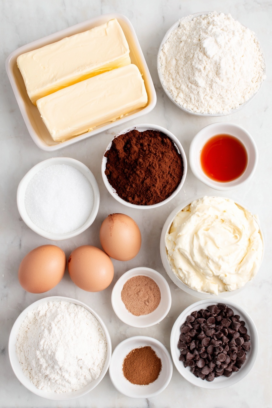 Flat lay of unsalted butter sticks with a golden sheen, a small white bowl of granulated sugar, a small white bowl filled with rich unsweetened cocoa powder, a small white bowl holding bright red food coloring, a small white bowl of all-purpose flour, four large brown eggs with clean shells, a small white bowl of semi-sweet chocolate chips, a small white bowl containing creamy softened cream cheese, a small white bowl of softened unsalted butter, a small white bowl of powdered sugar, a small white bowl of smooth eggnog, and small white bowls with ground cinnamon and ground nutmeg powders, all arranged in perfect symmetry on a clean white marble surface, soft natural light, photo taken with an iPhone, professional food photography style, fresh ingredients, white ceramic bowls, no bottles, no duplicates, no utensils, no packaging --ar 2:3 --v 7 --p m7354615311229779997