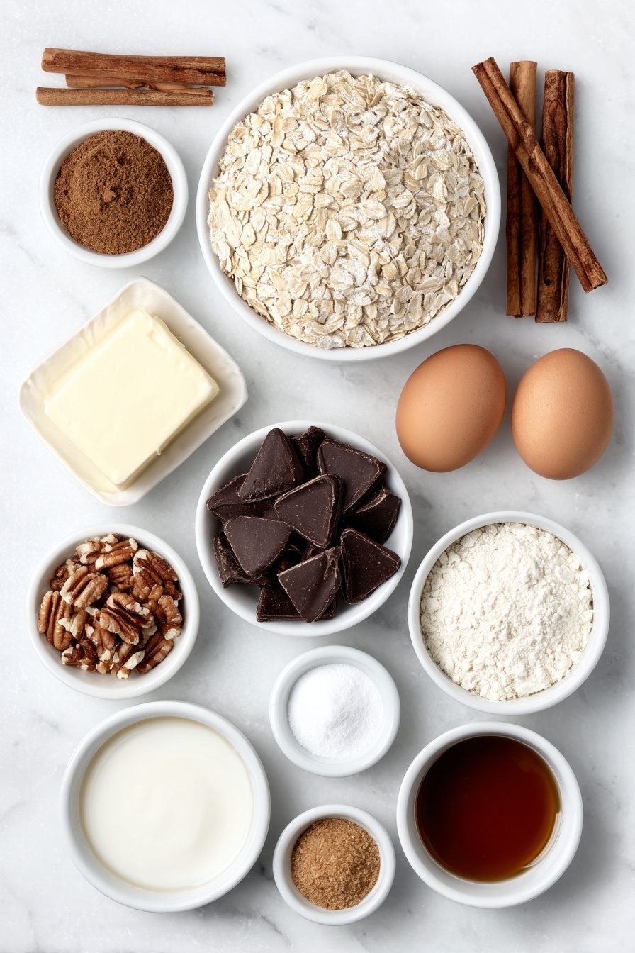 Flat lay of a small mound of old-fashioned whole rolled oats, a simple white ceramic bowl filled with all-purpose flour, a few whole cinnamon sticks alongside small white bowls each containing ground cinnamon, ground cloves, ground nutmeg, and ground ginger, a small white bowl with baking soda, another small white bowl with salt, a smooth pat of unsalted butter, two whole uncracked brown eggs, a small white bowl holding packed light brown sugar, a separate small white bowl with granulated sugar, a small white bowl of amber unsulphured molasses, a few shiny dried tart cherries scattered loosely, a neat arrangement of individual chocolate kisses with their distinctive pointed shape, and a small white bowl containing chopped vanilla almond bark next to another tiny white bowl holding coconut oil, all arranged with perfect symmetry on a clean white marble surface, soft natural light, photo taken with an iPhone, professional food photography style, fresh ingredients, white ceramic bowls, no bottles, no duplicates, no utensils, no packaging --ar 2:3 --v 7 --p m7354615311229779997