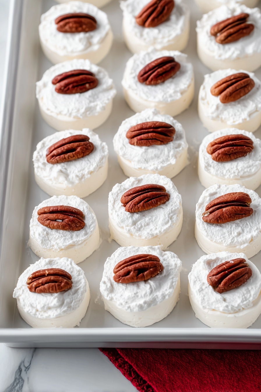 The image shows a white rectangular tray filled with two layers of small round desserts arranged in neat rows. Each dessert has a smooth, creamy white base layer topped with a light, fluffy white whipped layer. On top of each dessert in the center, there is a single whole pecan nut with a rich brown color and textured surface, adding a contrast to the white cream. The tray is placed on a white marbled surface with a red cloth partially visible on the right side. The lighting is bright and even, highlighting the soft textures of the whipped cream and the shiny surface of the pecans. photo taken with an iphone --ar 2:3 --v 7