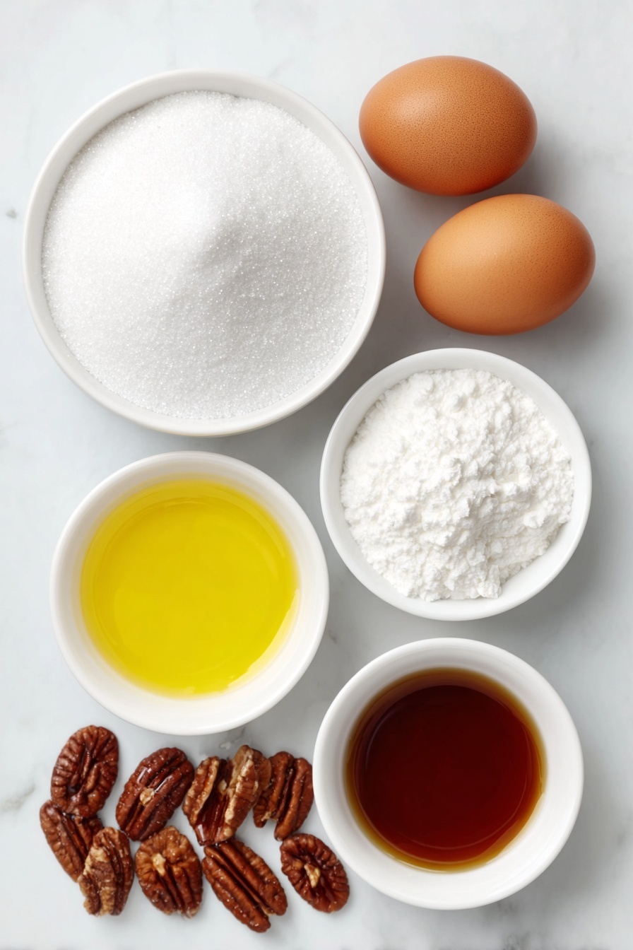 Flat lay of four cups of white granulated sugar heaped in a small white ceramic bowl, a small white bowl filled with glossy light golden corn syrup, a small white bowl of clear water, three whole brown eggs with clean shells, a small white bowl of pale vanilla extract liquid, and a handful of fresh whole pecans arranged neatly, all placed on a clean white marble surface, soft natural light, photo taken with an iPhone, professional food photography style, fresh ingredients, white ceramic bowls, no bottles, no duplicates, no utensils, no packaging --ar 2:3 --v 7 --p m7354615311229779997