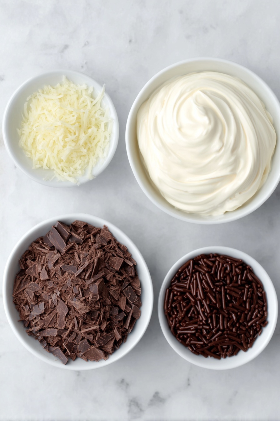Flat lay of a small mound of finely chopped dark chocolate with a rich deep brown color, a small white ceramic bowl filled with thickened whipping cream looking smooth and creamy, a neat pile of finely grated bright orange zest, and a small white ceramic bowl heaped with glossy chocolate sprinkles, all arranged with perfect symmetry on a clean white marble surface, soft natural light, photo taken with an iPhone, professional food photography style, fresh ingredients, white ceramic bowls, no bottles, no duplicates, no utensils, no packaging --ar 2:3 --v 7 --p m7354615311229779997
