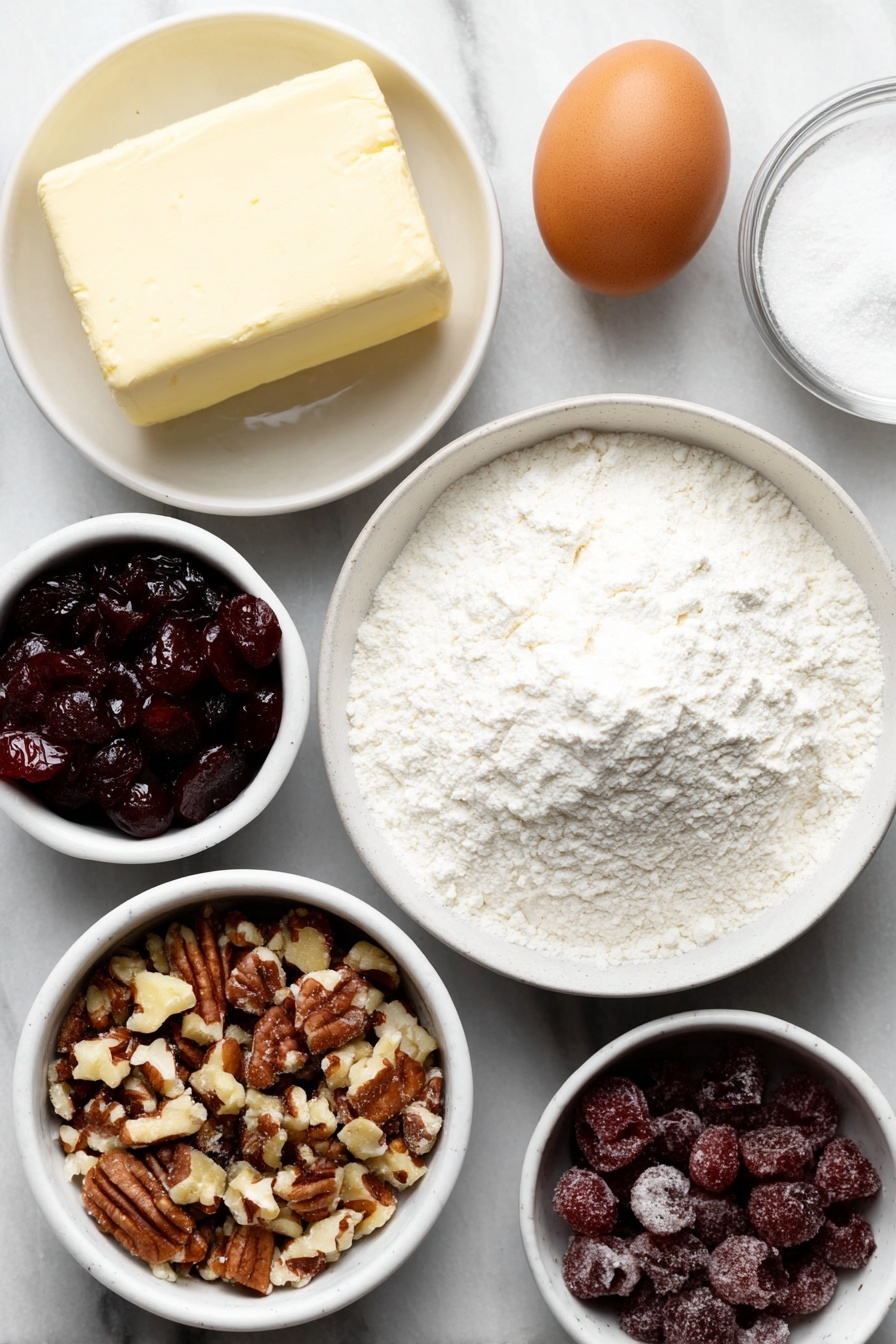 Flat lay of a small block of pale yellow butter, a small white ceramic bowl filled with fine white powdered sugar, one whole uncracked brown egg, a small white bowl with clear vanilla extract, a neatly mounded pile of white all-purpose flour, a small white bowl filled with chopped mixed nuts, a small white bowl containing quartered red and green candied cherries, all arranged in perfect symmetry on a clean white marble surface, soft natural light, photo taken with an iPhone, professional food photography style, fresh ingredients, white ceramic bowls, no bottles, no duplicates, no utensils, no packaging --ar 2:3 --v 7 --p m7354615311229779997