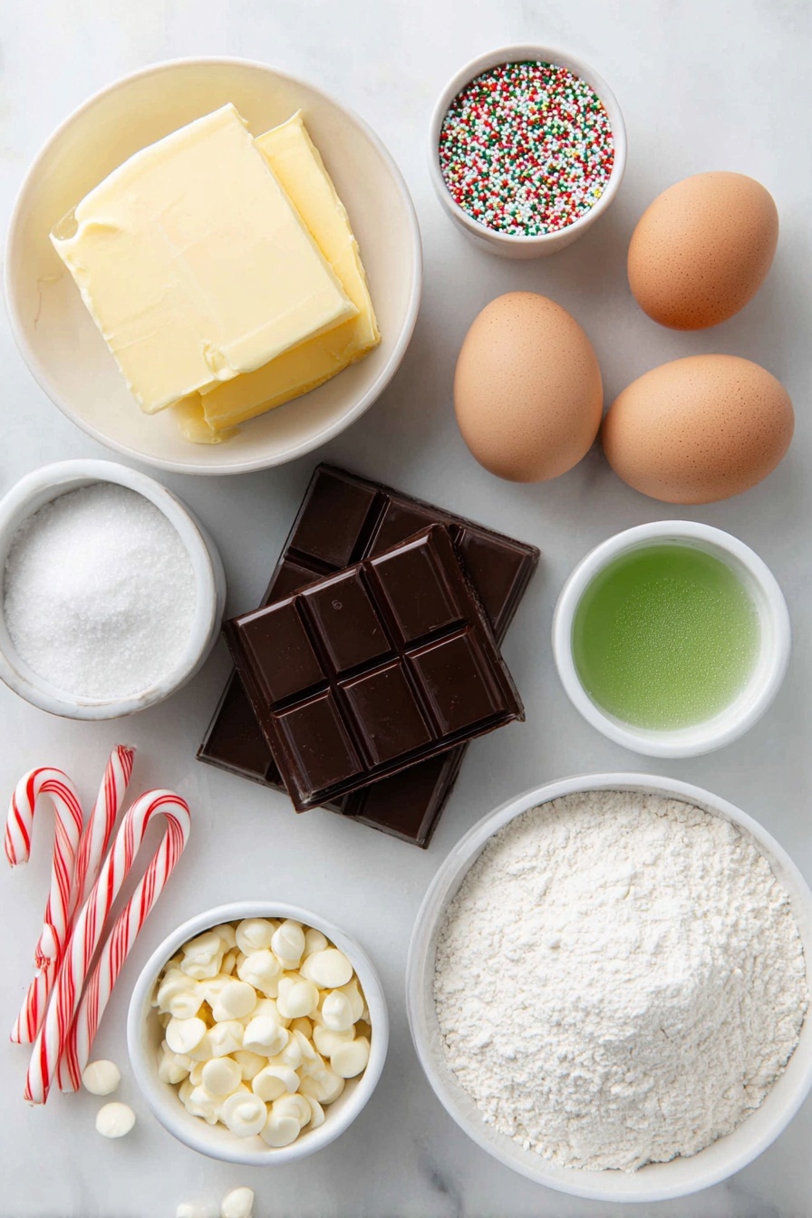 Flat lay of a small block of unsalted butter, a roughly chopped dark chocolate bar, four whole medium eggs with clean shells, a simple white ceramic bowl filled with caster sugar, a small white bowl holding plain flour, a small white bowl with cocoa powder, a small white bowl overflowing with milk chocolate chips, a small white bowl with white chocolate chips, several straight candy cane sticks with their curved tops snapped off, a small white bowl filled with unsalted butter for buttercream, a small white bowl containing icing sugar, a small white bowl with vibrant green food colouring liquid, assorted colorful sprinkles scattered neatly, assorted small sweets arranged artfully, all ingredients carefully arranged with perfect symmetry, placed on a clean white marble surface, soft natural light, photo taken with an iPhone, professional food photography style, fresh ingredients, white ceramic bowls, no bottles, no duplicates, no utensils, no packaging --ar 2:3 --v 7 --p m7354615311229779997