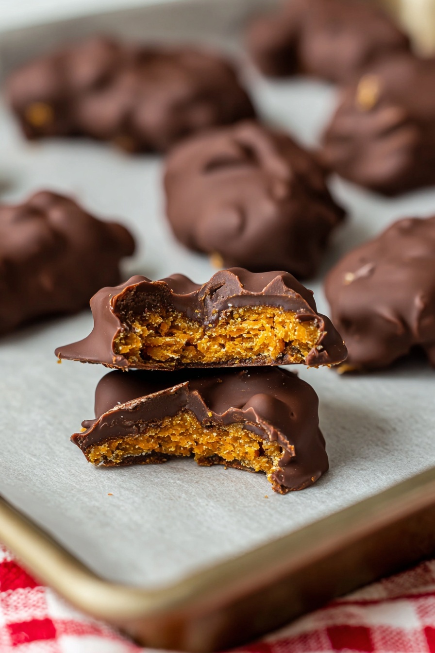 The image shows chocolate-covered treats on a baking tray lined with light brown parchment paper, placed on a white marbled surface with a red and white cloth. The focus is on one treat that is cut in half and stacked, showing two layers: a thick layer of dark brown chocolate coating on the outside and a golden, crumbly textured inside layer. The tray is full of similar chocolate-covered treats with irregular shapes, all with the same glossy dark brown chocolate surface. The background is softly blurred to keep attention on the cut treat in the front. photo taken with an iphone --ar 2:3 --v 7