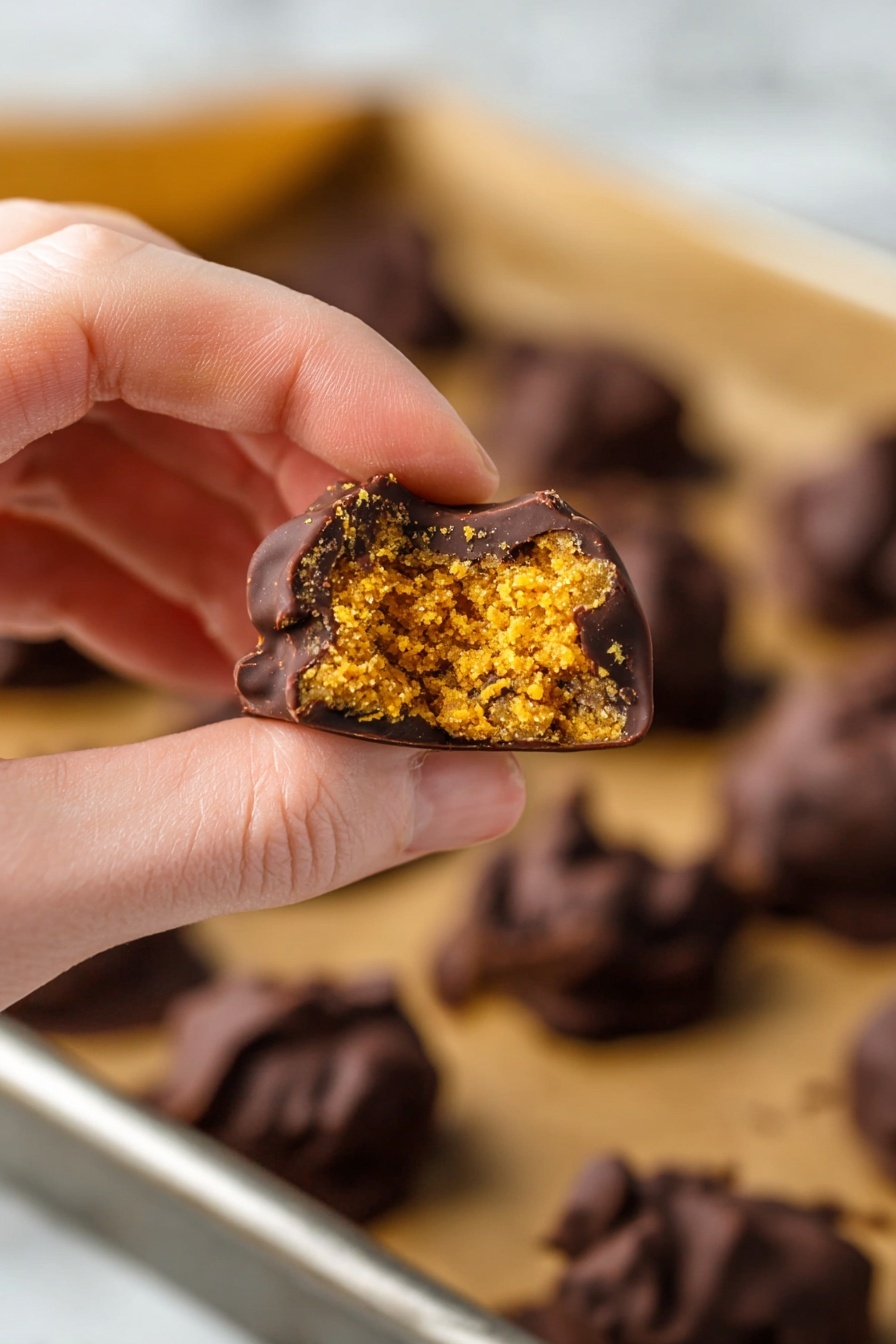 A close-up shot shows a small cluster-shaped chocolate candy held between a person's thumb and forefinger. The candy has two main layers: a thick, dark brown chocolate outer coating with a rough texture, and a dense, orange-yellow crumbly inner filling with a grainy texture. The background is filled with similar dark chocolate clusters placed on brown parchment paper on a baking tray, all set on a white marbled surface. A woman's hand is blurred in the background, reaching towards the tray. Photo taken with an iphone --ar 2:3 --v 7