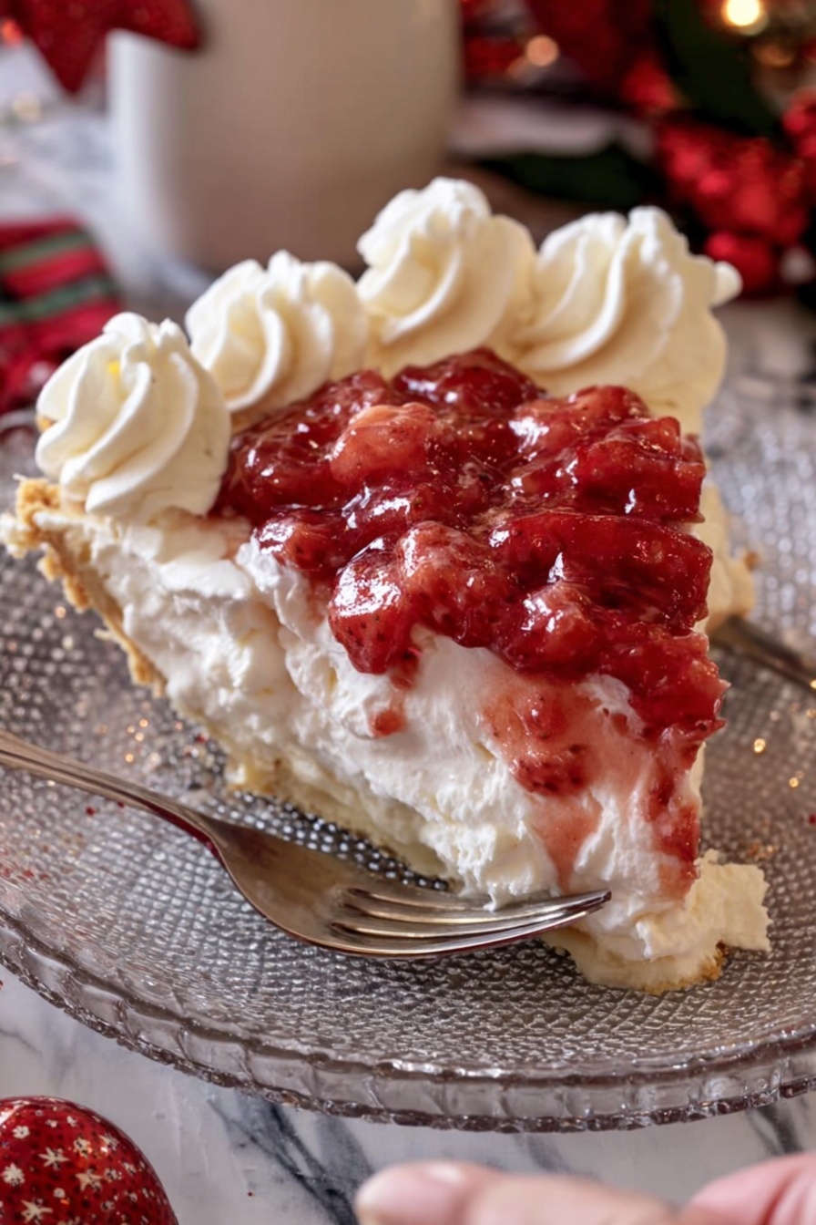 The image shows a slice of pie on a clear, textured glass plate placed on a white marbled surface with red holiday decorations around it. The pie has three main layers: a light golden-brown crust at the bottom, a thick white fluffy cream layer in the middle, and a topping of chunky red fruit sauce, likely strawberries, draped over the cream. Around the edge, there is a border of white whipped cream swirls. A small silver spoon is beside the slice on the plate, and a woman's hand is holding a fork near the pie. Photo taken with an iphone --ar 2:3 --v 7