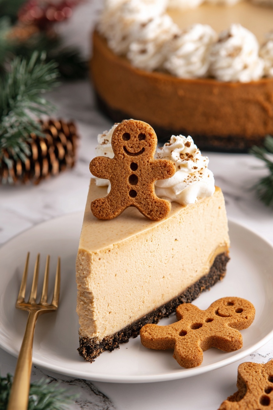 A slice of creamy light brown cheesecake with a dark brown crumbly crust at the bottom sits on a white plate on a white marbled surface. The cheesecake has a smooth texture and is topped with white whipped cream with small brown specks and a small gingerbread man cookie with a smile and buttons, placed upright at the center of the whipped cream. Next to the slice on the plate are two more gingerbread man cookies lying flat. A gold fork is placed on the left side of the plate. In the background, there is the rest of the cheesecake on a white plate and some green pine branches with pine cones, all on a white marbled surface. photo taken with an iphone --ar 2:3 --v 7