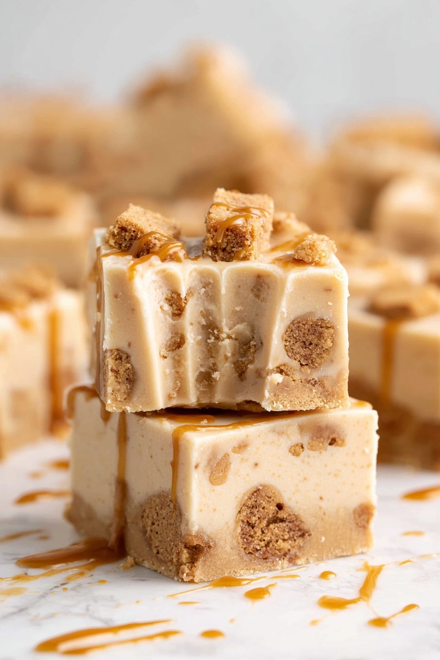 Several square pieces of a creamy, pale yellow dessert are stacked on a white plate. Each piece has bits of brown cookie or biscuit mixed inside, giving a speckled look throughout the dessert. On top, a light brown drizzle sauce glistens, creating thin and smooth lines flowing down the sides. The texture looks soft and slightly firm. The plate sits on a white marbled surface, with a bright and softly blurred background behind it. photo taken with an iphone --ar 2:3 --v 7