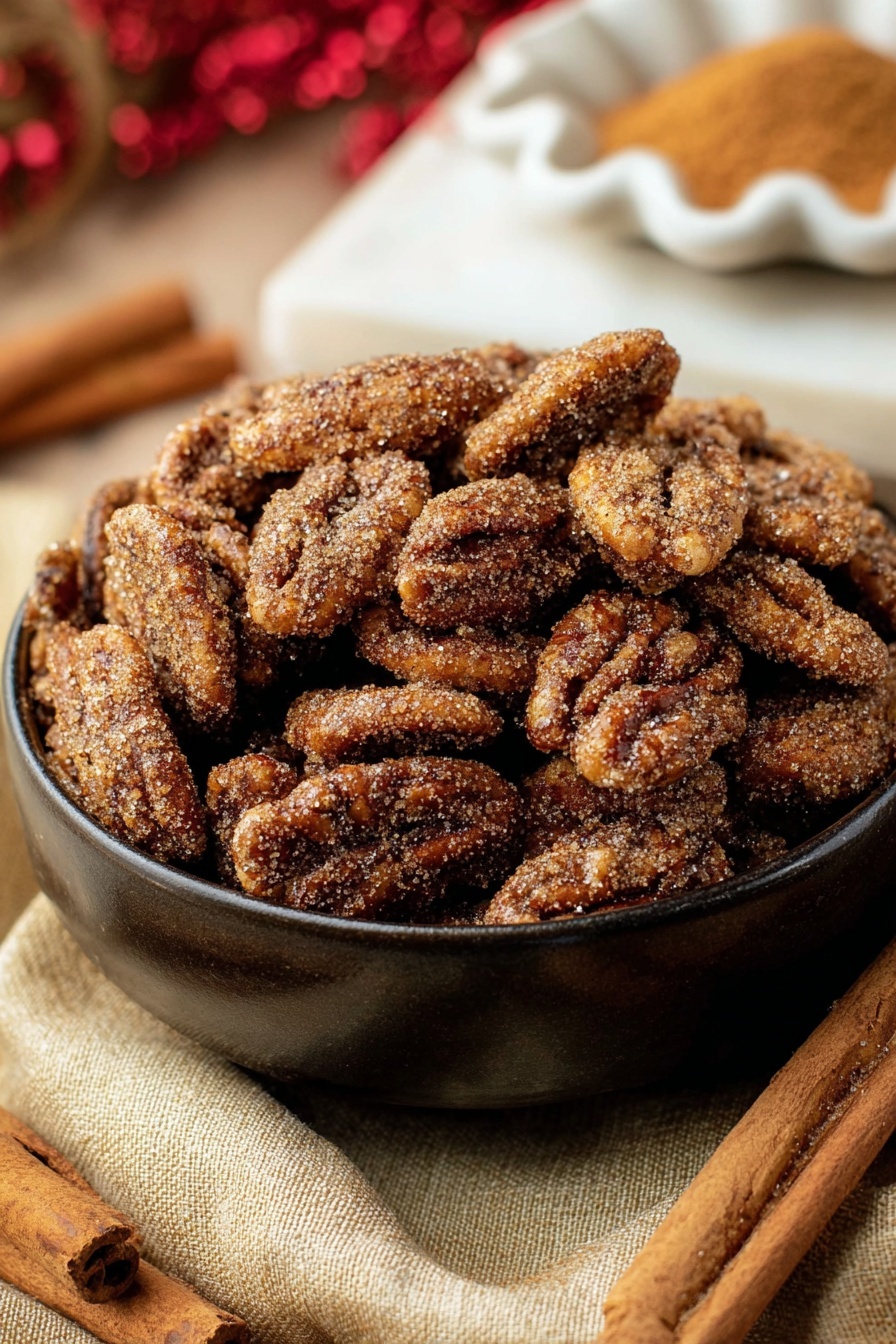 A clear glass bowl with scalloped edges is filled with brown sugar-coated pecans that have a rough sugar texture, sitting in the center of a white marbled surface covered with more pecans scattered around. In front and slightly to the left of the bowl are three cinnamon sticks, stacked in a slight diagonal line. The overall colors are warm browns with a crunchy sugar texture visible on the pecans, and the focus is sharp on the bowl while the background pecans are softly blurred. Photo taken with an iphone --ar 2:3 --v 7