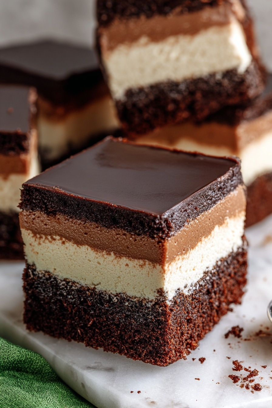 The image shows two stacked dessert squares with three distinct layers on a white marbled surface. The bottom layer is thick, dark brown, and dense with a slightly crumbly texture and visible small chocolate bits. The middle layer is light beige, thick, and smooth, resembling a creamy mousse. The top layer is a thin, shiny dark brown chocolate glaze that evenly covers the creamy layer. Around the stack, there are a few scattered small dark brown chocolate chips, and blurred dessert pieces appear in the background. The photo taken with an iphone --ar 2:3 --v 7
