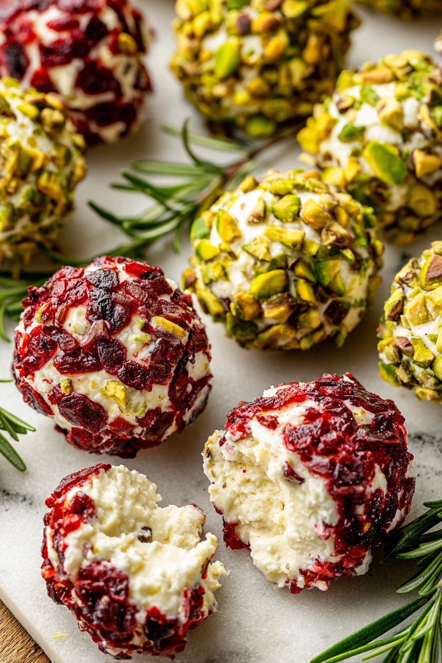 The image shows a white plate with a rough, light beige rim filled with small round balls. There are two types of balls: some are covered with chopped bright green pistachio nuts, and others are coated with deep red dried cranberry pieces mixed with some white cream showing through. The balls are placed in a scattered pattern on the plate, with fresh green rosemary sprigs arranged in small bunches between them. The background has a white marbled texture. photo taken with an iphone --ar 2:3 --v 7