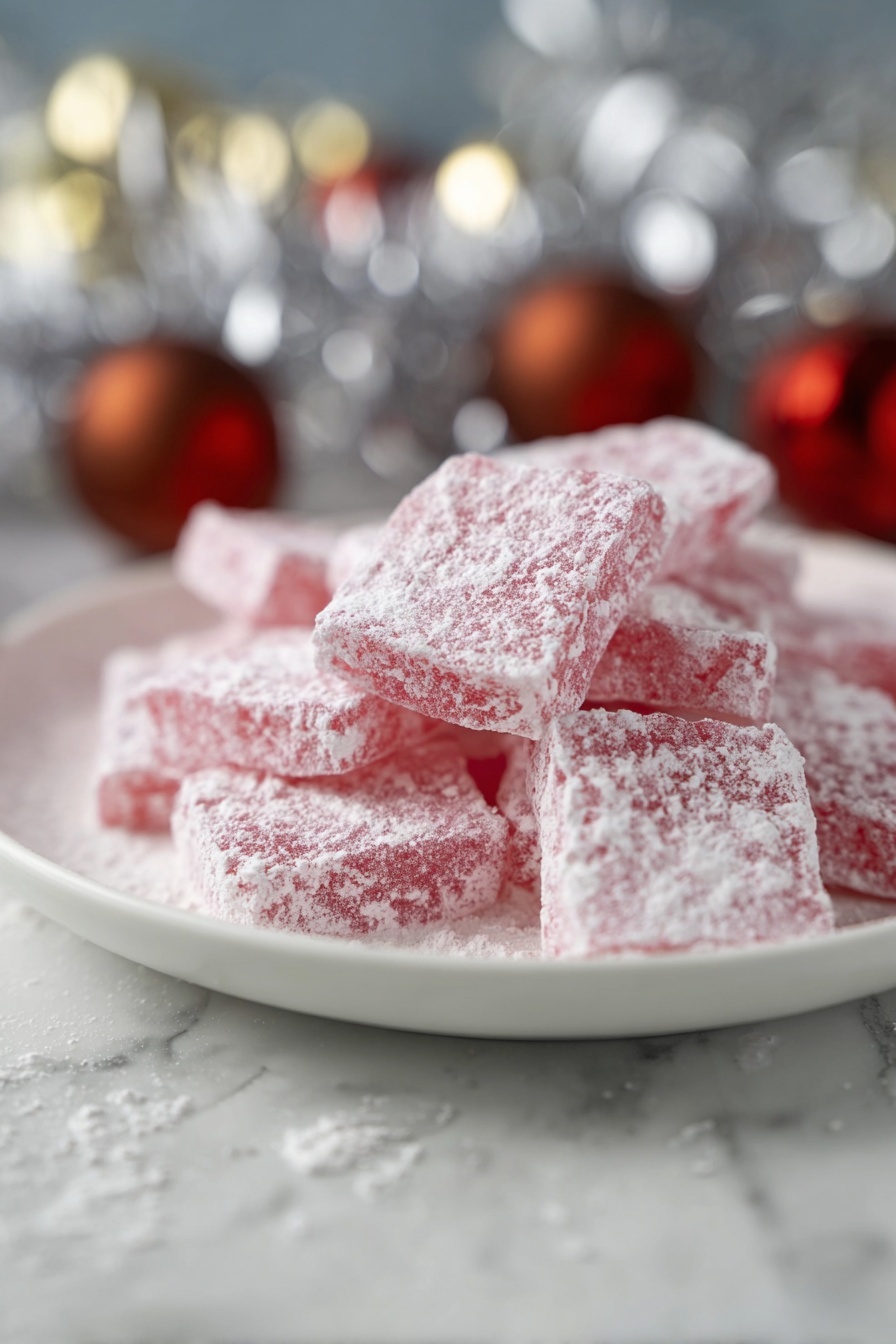 A white round plate holds several pieces of light pink candy lightly dusted with white powder, stacked unevenly. The plate is placed on a white marbled surface, surrounded by a silver tinsel garland and scattered small Christmas ornaments in red, gold, and silver colors. The scene gives a festive, holiday feel. photo taken with an iphone --ar 2:3 --v 7