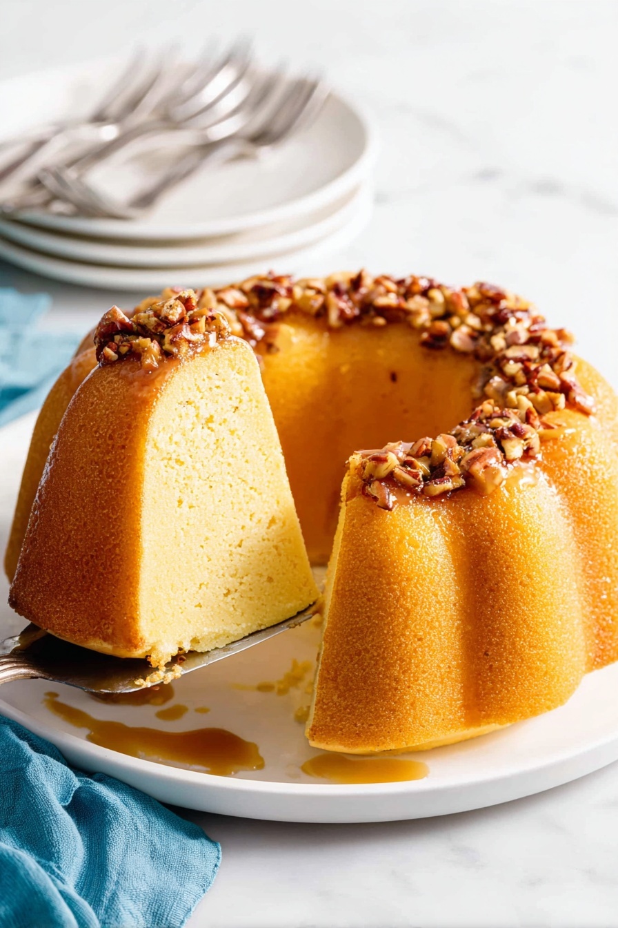 The image shows a golden-brown bundt cake with a smooth, thick outer layer. The cake has a ring shape with a hole in the center and ridges all around. On the top, near the inner edge, there is a layer of chopped pecans that add texture and a darker brown color. The cake is lightly covered with a glossy, caramel-colored glaze that drips slightly down the sides. The white plate holding the cake contrasts with the rich colors of the cake, sitting on a white marbled surface. In the background, two beige cups filled with light brown coffee can be seen. A blue cloth is placed near the plate. photo taken with an iphone --ar 2:3 --v 7