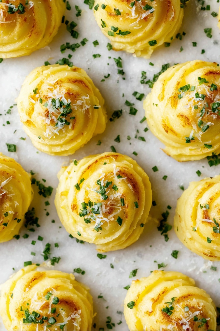 This image shows a group of eight small, round, swirled yellow mashed potato mounds with a light golden brown top, arranged on a white marbled surface. Each swirl has a soft, smooth texture with slight crisp edges from baking. The tops are sprinkled with green chopped herbs and small bits of white grated cheese, adding color contrast and detail. The mounds are evenly spaced, filling the frame with a neat, patterned look. photo taken with an iphone --ar 2:3 --v 7
