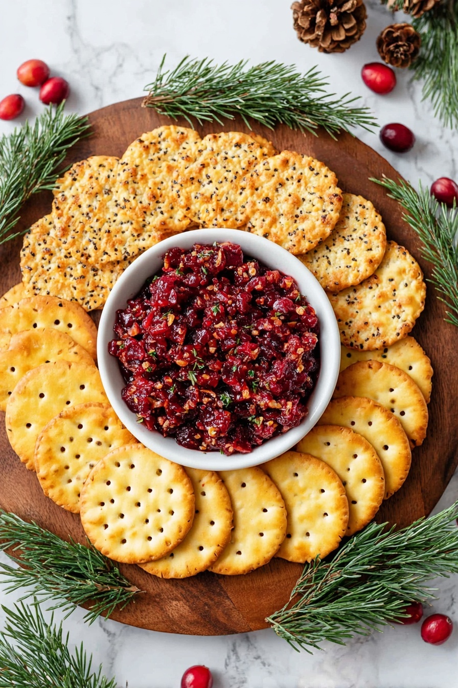 A round wooden board holds three types of crackers arranged in three semicircles around a white bowl filled with red cranberry relish mixed with small bits of nuts and herbs, giving a textured and chunky look. The crackers at the bottom are light yellow with small holes, to the left are smooth golden round crackers, and on the right are slightly darker round crackers with visible seeds. Underneath the crackers, fresh green pine branches are spread to add a decoration layer. The scene is set on a white marbled surface with scattered red cranberries and pinecones in the background. Photo taken with an iphone --ar 2:3 --v 7
