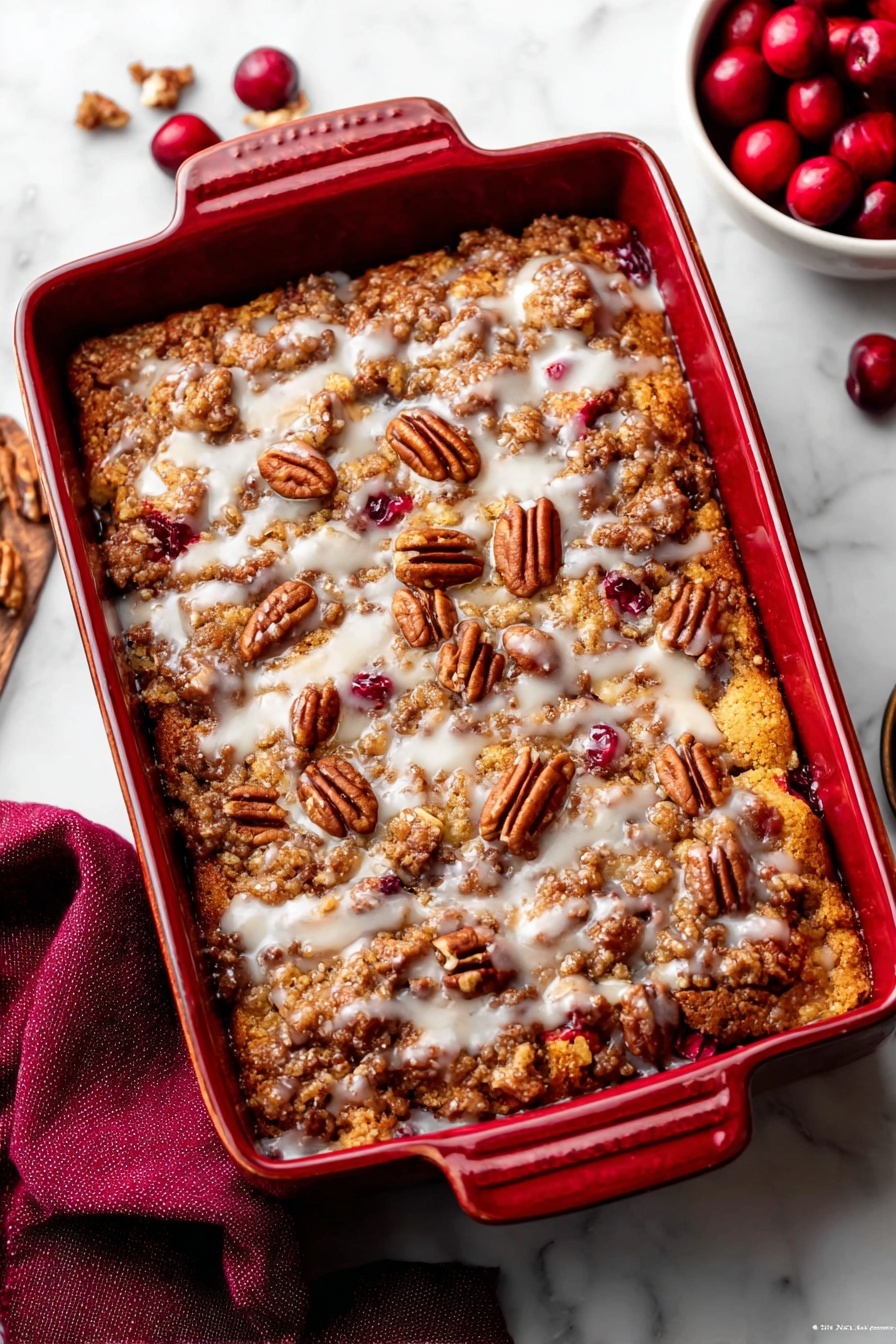 A rectangular red baking dish filled with a dessert that has a golden brown base layer with visible red fruit pieces scattered throughout, topped with a crumbly brown streusel layer mixed with whole pecan halves, and drizzled with a thin white glaze that shines slightly. The dish is placed on a white marbled surface, and there is a burgundy cloth nearby along with a white bowl containing red cherries. Photo taken with an iphone --ar 2:3 --v 7