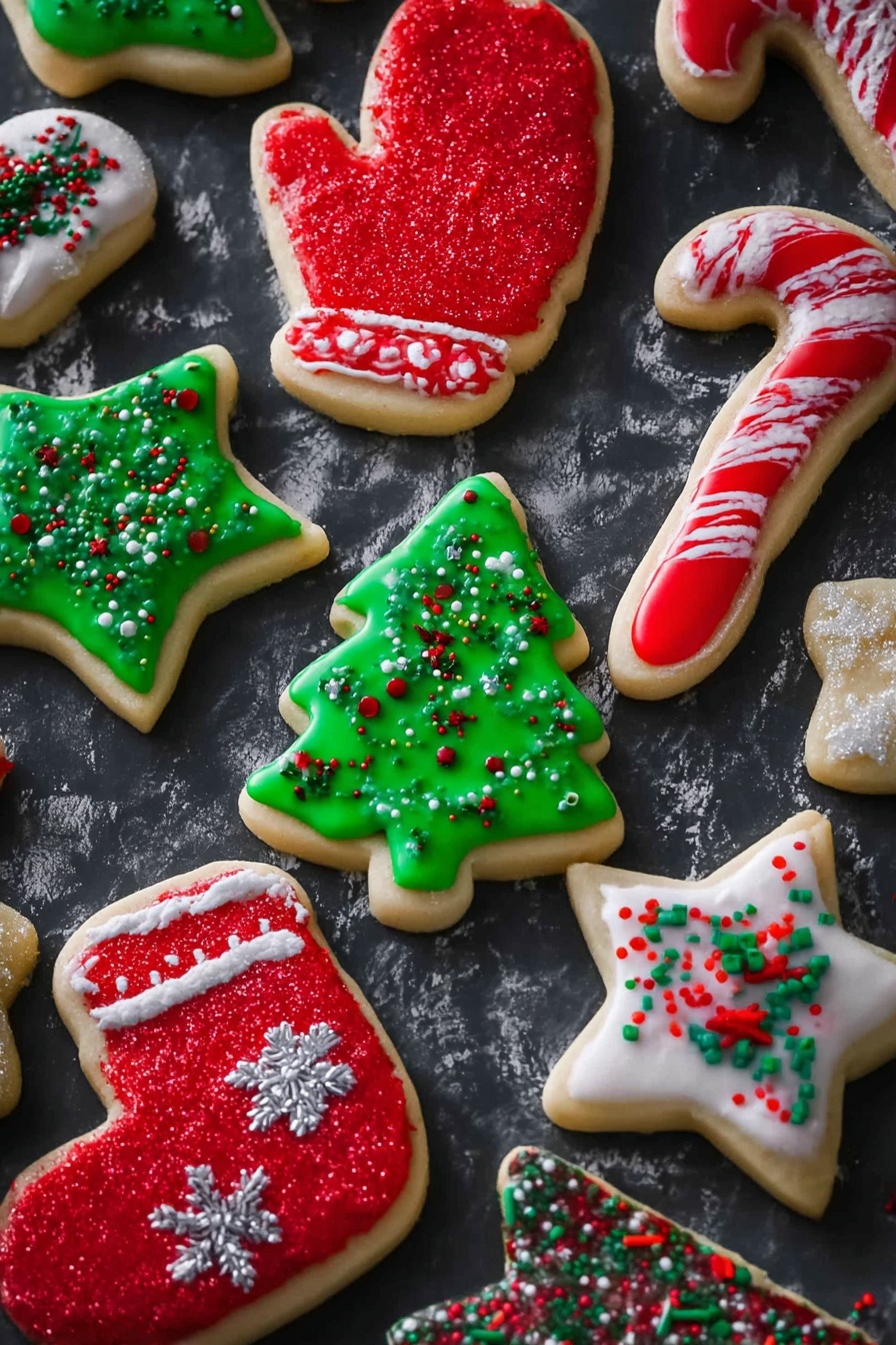 A group of Christmas-themed cookies is shown on a dark surface with a white marbled texture. The cookies come in different shapes: candy canes, Christmas trees, mittens, stars, and blocks. Each cookie has a base layer of beige dough. On top, there are bright red, green, and white icing layers, some with smooth shiny texture while others have a grainy sugar look. The candy cane cookies have red and white icing stripes decorated with red, white, and green sprinkles. The Christmas tree cookies have green icing, some with shiny sugar crystals and others with a mix of red, white, and green sprinkle shapes and dots. The mitten cookie is covered in red icing with white snowflake and green sprinkle details. The star cookie is covered in white icing with a smooth surface and glittering sugar. The colors and textures are bright and festive, standing out well against the dark background. photo taken with an iphone --ar 2:3 --v 7