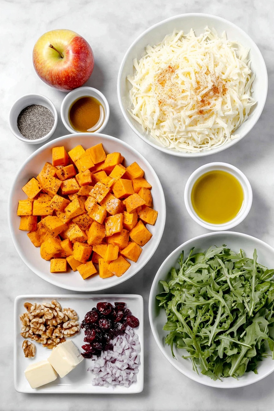 Flat lay of diced roasted sweet potatoes with visible cinnamon dusting, Christmas-shaped cooked pasta pieces in a simple white ceramic bowl, a diced Honey Crisp apple showing red and yellow skin, cubed white cheddar cheese on a white plate, a small heap of dried red cranberries, chopped walnuts scattered neatly, finely diced small red onion, fresh green baby arugula leaves arranged in a small white bowl, a small white bowl holding golden olive oil, another small white bowl with dark balsamic vinegar, a small white bowl containing smooth Dijon mustard, a single peeled garlic clove beside a tiny mound of minced garlic, a small white bowl with amber maple syrup, and a pinch of coarse salt on a white dish, all elements arranged with perfect symmetry and balanced proportions placed on a clean white marble surface, soft natural light, photo taken with an iPhone, professional food photography style, fresh ingredients, white ceramic bowls, no bottles, no duplicates, no utensils, no packaging --ar 2:3 --v 7 --p m7354615311229779997