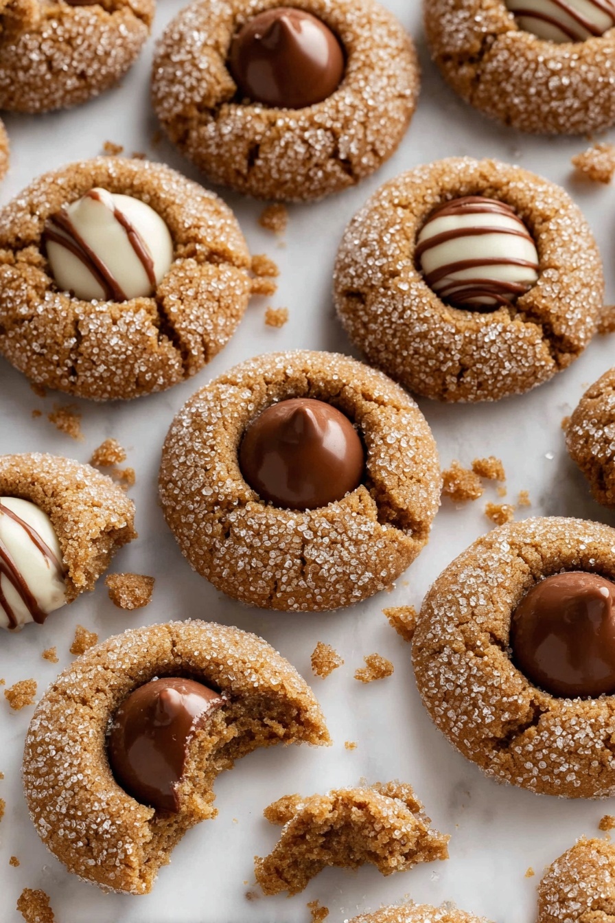 The image shows multiple round cookies with a textured, golden-brown surface covered in large sugar crystals that sparkle against a white marbled background. Each cookie has one chocolate candy placed in the center. The candies come in two varieties: one is smooth milk chocolate with a small knob in the middle, and the other is white chocolate with brown stripes on top. Two cookies have bites taken out of them, showing a dense, soft interior and chocolate filling inside the cookie's center. The cookies are arranged casually with some crumbs scattered around, creating a cozy, homemade feel. photo taken with an iphone --ar 2:3 --v 7