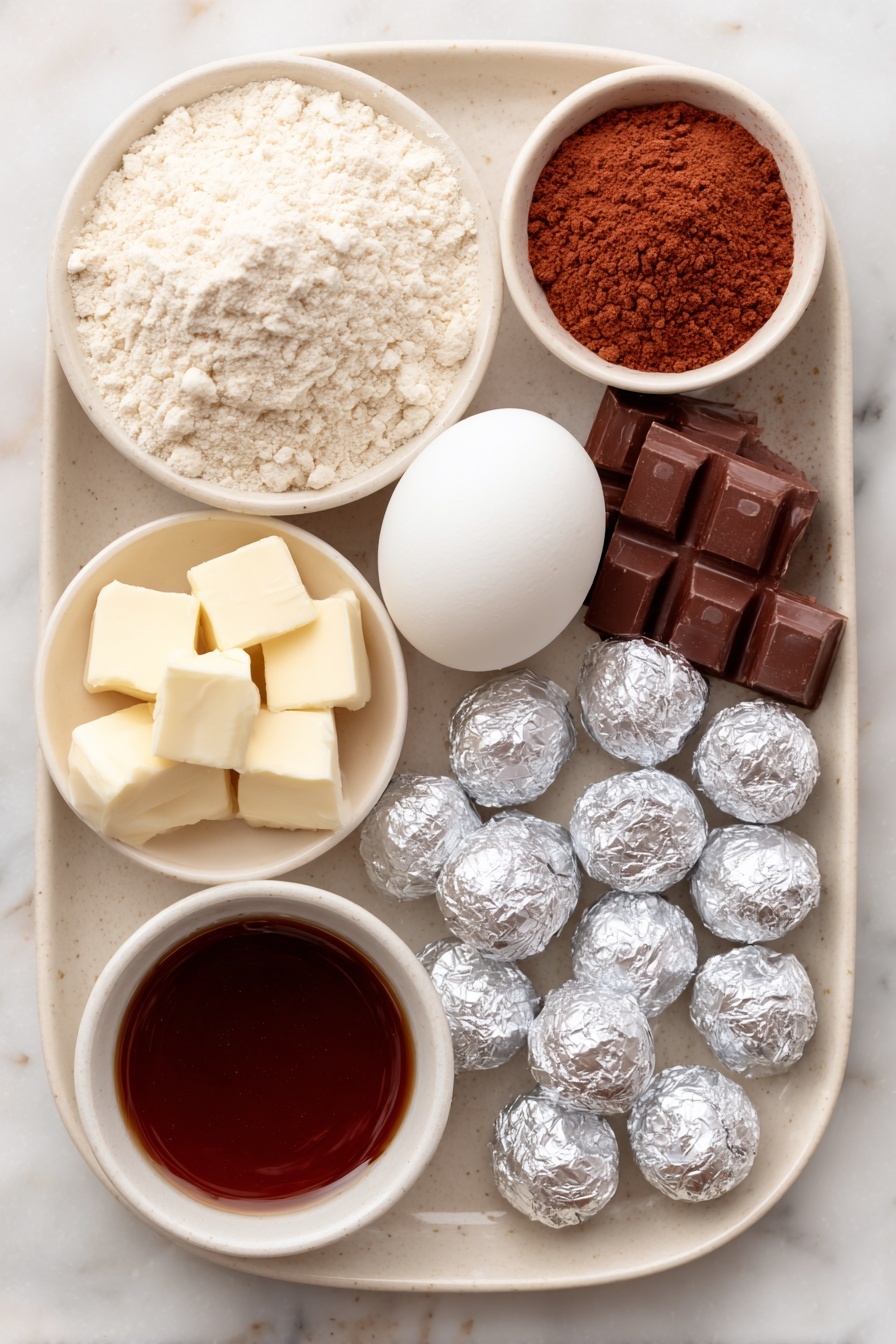 Flat lay of a small mound of all-purpose flour, a small heap of reddish-brown ground ginger powder, a tiny pile of warm brown ground cinnamon, very small sprinkles of ground cloves, allspice, and nutmeg each in neat little groups, a pinch of salt crystals, a few softened cubes of pale yellow unsalted butter, a small mound of dark brown packed light brown sugar, a small white ceramic bowl filled with thick dark molasses, one large whole egg with a clean shell, a small white bowl with clear vanilla extract, a small white bowl filled with granulated sparkling sugar crystals, and a neat cluster of unwrapped shiny silver-foiled chocolate kisses all arranged in perfect symmetry on a simple white ceramic plate placed on a clean white marble surface, soft natural light, photo taken with an iPhone, professional food photography style, fresh ingredients, white ceramic bowls, no bottles, no duplicates, no utensils, no packaging --ar 2:3 --v 7 --p m7354615311229779997