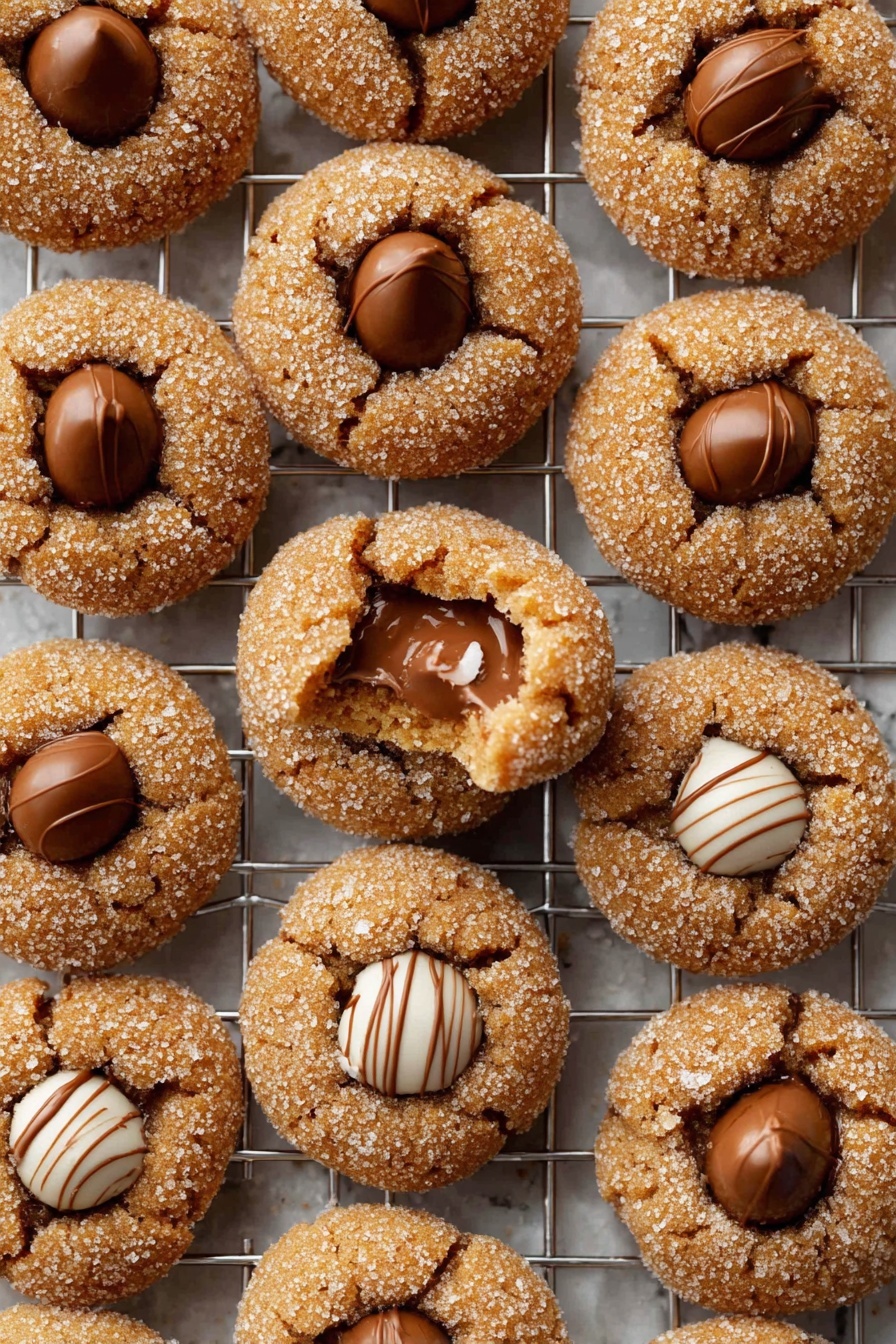 The image shows many round cookies arranged closely on a metal cooling rack over a white marbled surface. Each cookie is golden brown with a rough, sugar-coated texture on the outside. In the center of each cookie, there is a chocolate candy piece, some are solid milk chocolate while others are white chocolate with milk chocolate stripes. One cookie near the middle has a bite taken out of it, revealing a soft, chewy inside and melted chocolate oozing from the center. The cookies are evenly spaced in rows, creating a neat pattern. photo taken with an iphone --ar 2:3 --v 7