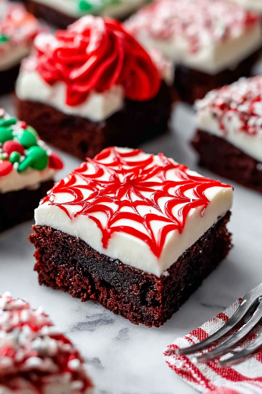 A Christmas tree shaped brownie with three layers: the bottom layer is a dark brown, moist brownie; the middle layer is a smooth white frosting; the top layer is bright green icing applied in a tree shape with rough edges, decorated with round colorful candy pieces in red, yellow, blue, and orange, and sprinkled with green sugar crystals for sparkle. The brownie rests on a white marbled surface surrounded by other holiday-themed brownies with red and white icing and sprinkles in the background, slightly out of focus. photo taken with an iphone --ar 2:3 --v 7
